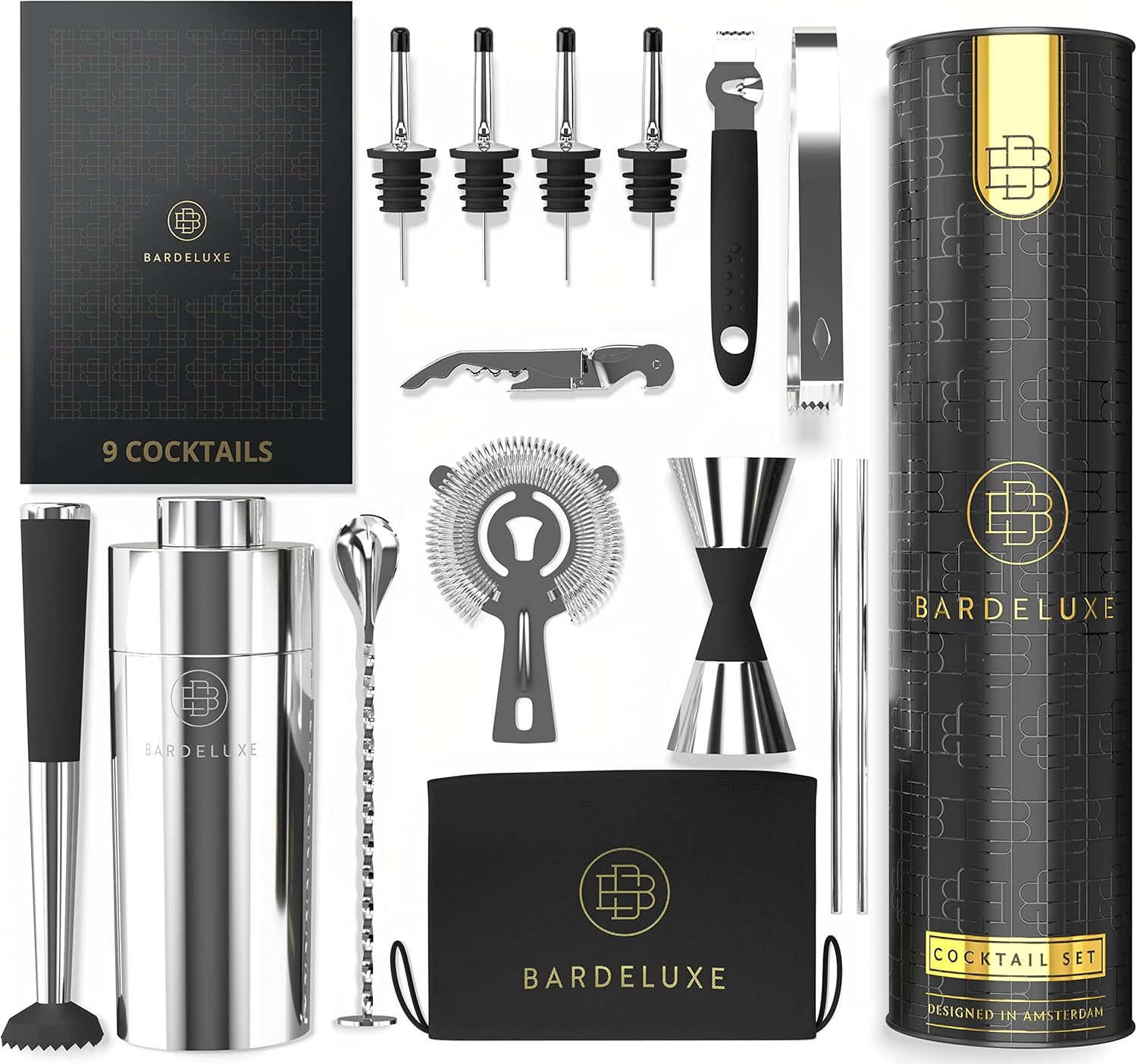 BarDeluxe® Pro Mixology Bartender Kit, 12-Piece Cocktail Shaker Set | Drink Shakers Cocktail Set, Bartending Kit, Bar Kit | Bar Kits for Bartender Home, Cocktail Kit, Bar Mixing Set, Bar Set (Silver)