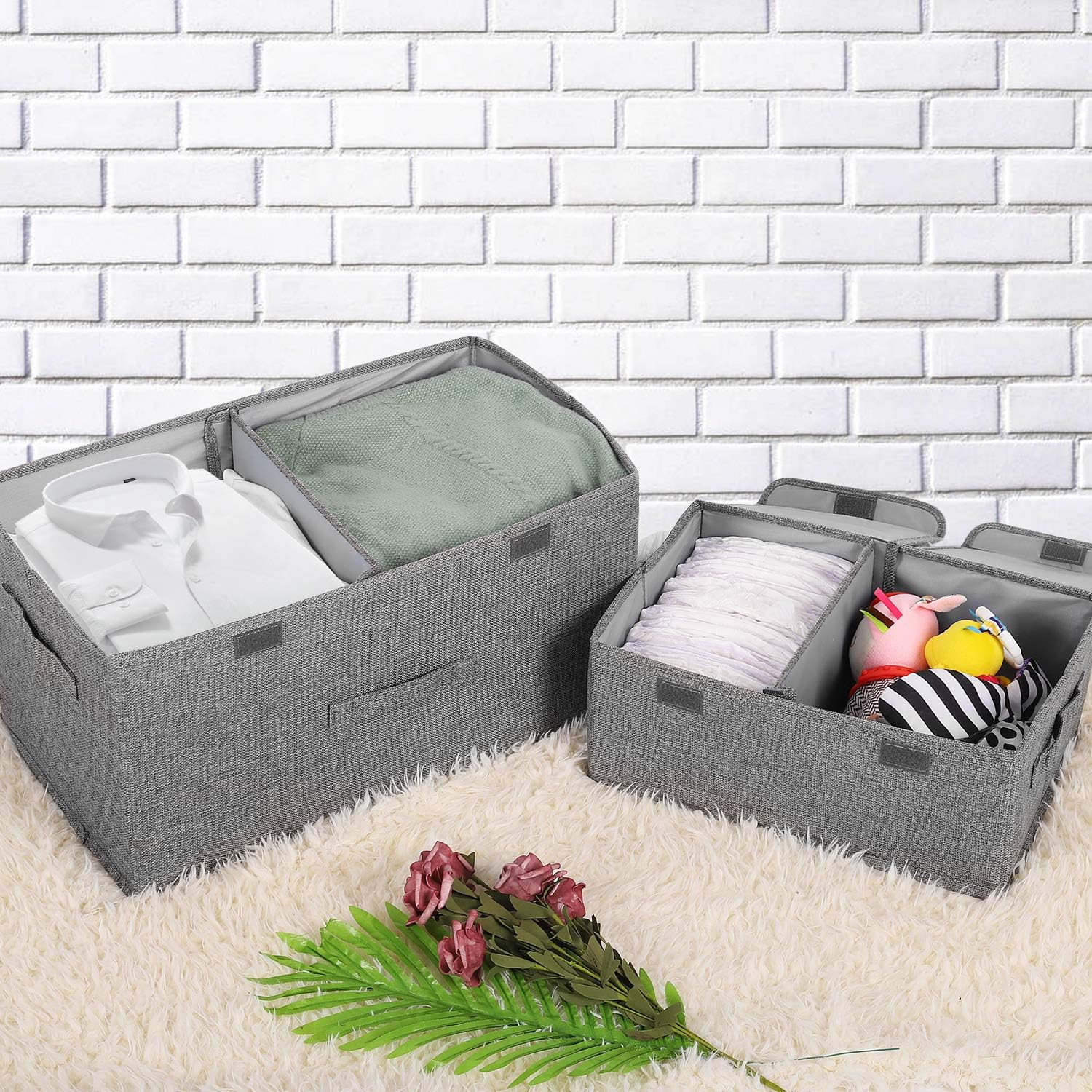 2 Pack Storage Boxes with Lids and Handles, Collapsible Linen Storage Bins Organizer Containers Baskets Cube with Removable Divider for Home Bedroom Closet Office (Cream, Large)