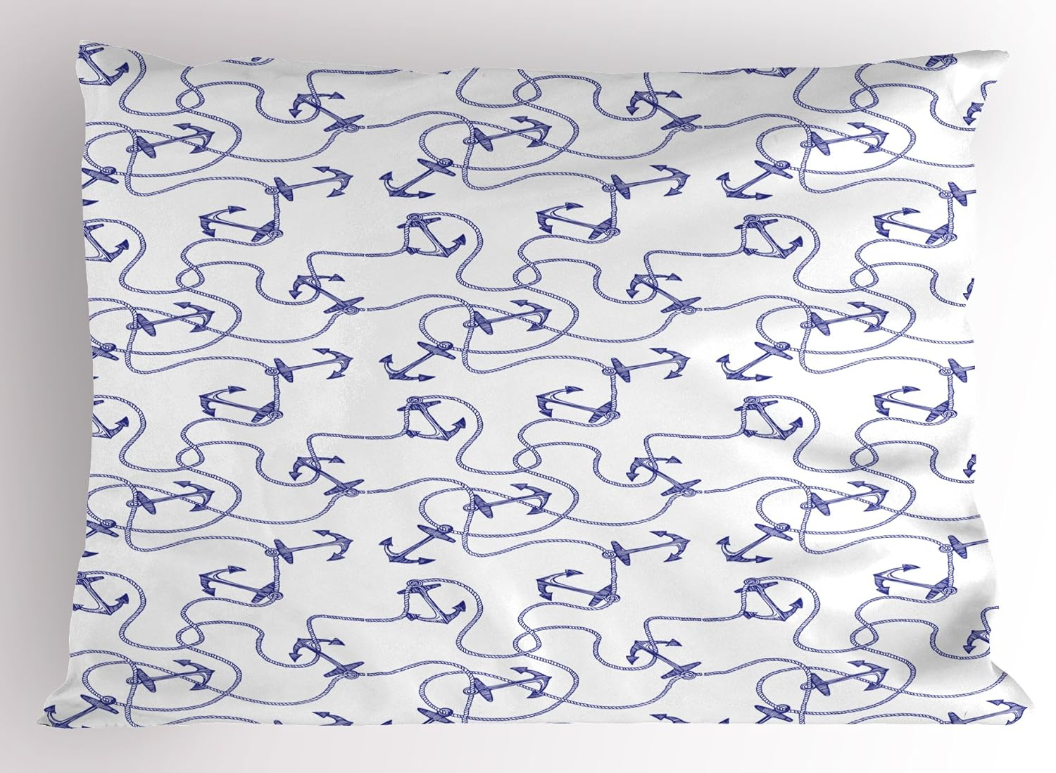 Anchor Pillow Sham Hand Drawn Anchors and Entangled Ropes Nautical Equipment Artwork Monochrome, Decorative Standard Size Printed Pillowcase, 26 X 20 Inches, Navy Blue White, by Ambesonne
