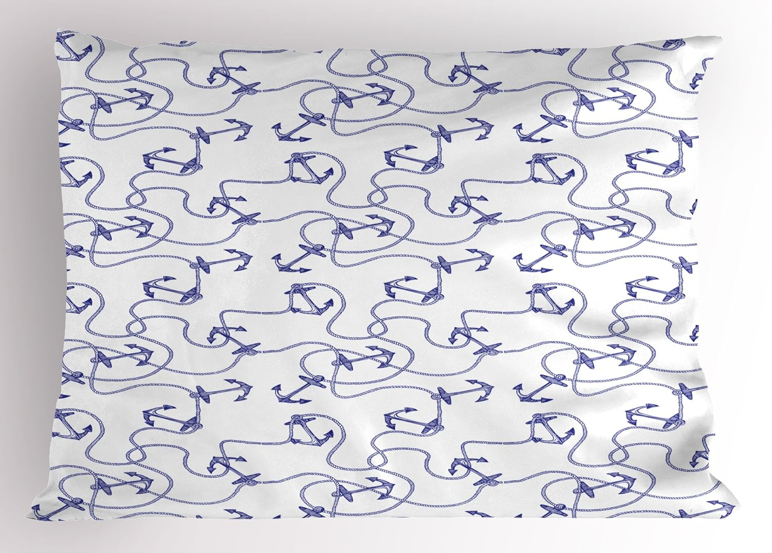 Anchor Pillow Sham Hand Drawn Anchors and Entangled Ropes Nautical Equipment Artwork Monochrome, Decorative Standard Size Printed Pillowcase, 26 X 20 Inches, Navy Blue White, by Ambesonne