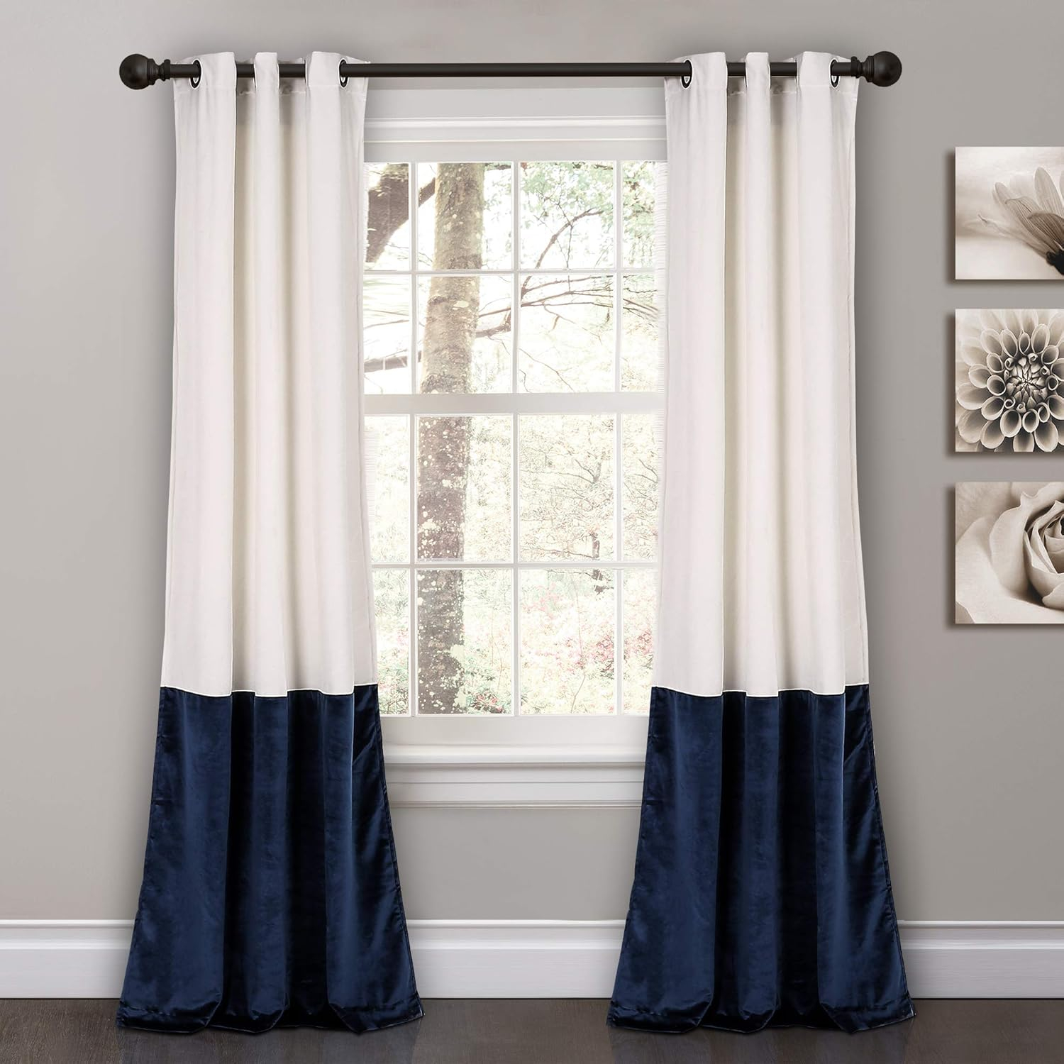 Lush Decor Prima Velvet Color Block Room Darkening 84" x 38" Solid White Metal Grommets 2-Pc Set Window Panel