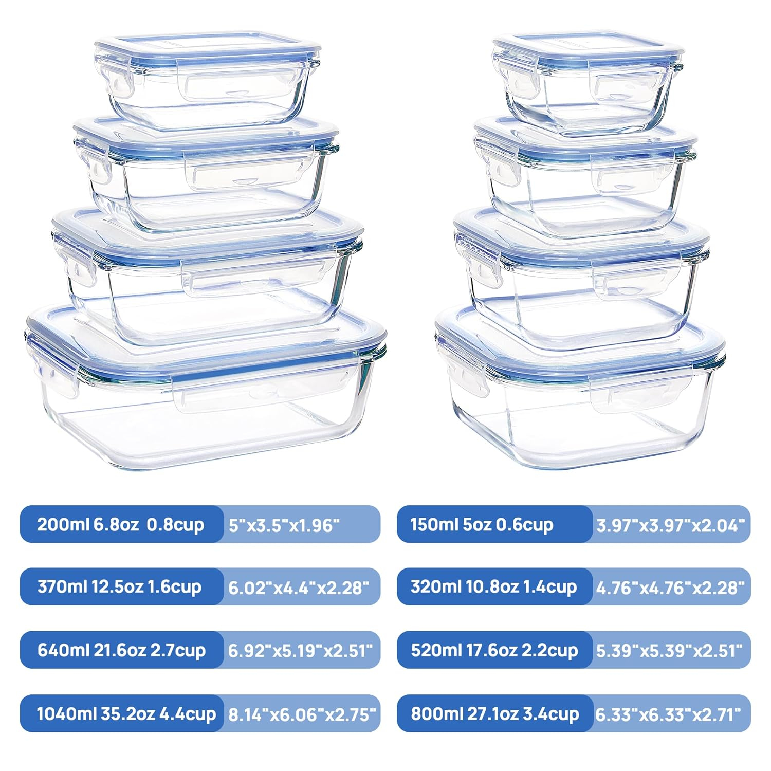 Vtopmart 8 Pack Glass Food Storage Containers with Airtight Lids, Glass Meal Prep Containers, Lunch Office Meal for Microwave, Oven, Freezer and Dishwasher, BPA Free