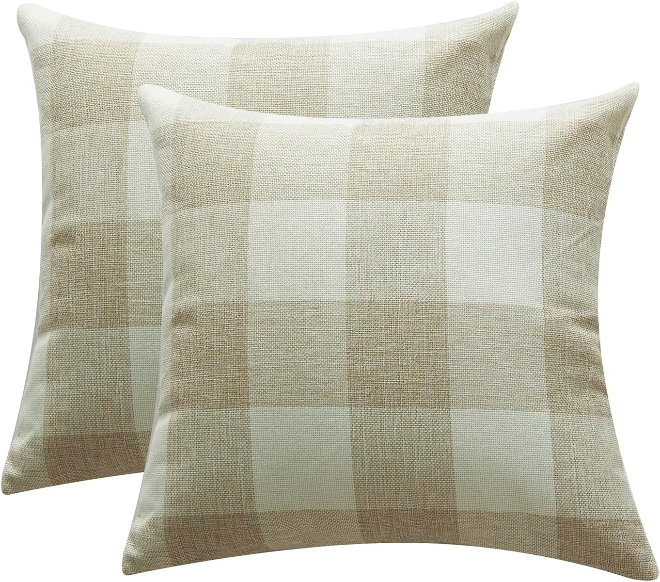 Jiuhong Cotton Linen Throw Pillow Covers Farmhouse Decor Checkers Plaids Square Cushion Case Home Decorative for Sofa Bedroom Car, 2 Pack (Beige, 18 x 18 Inch)