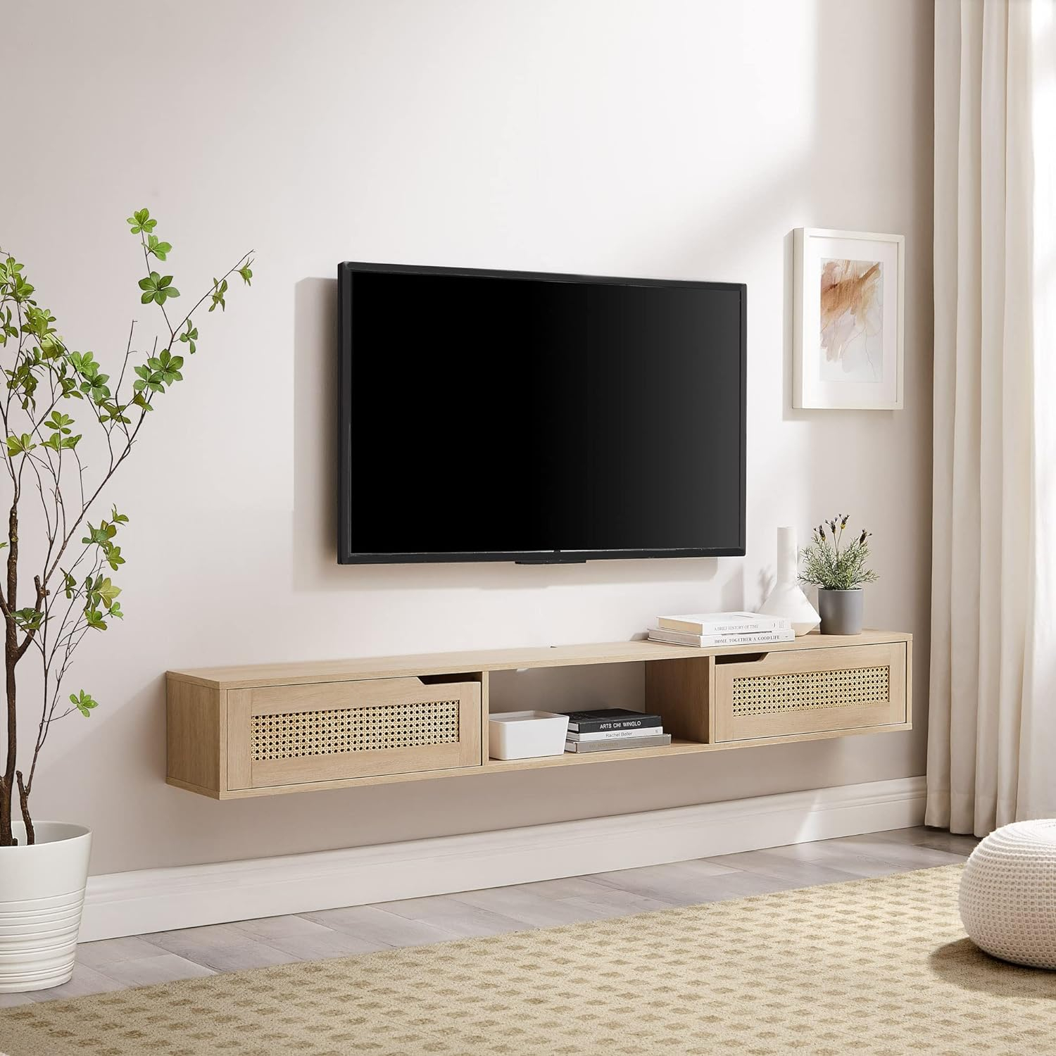 Coastal Oak 70" Floating TV Stand with Rattan Cabinet Doors