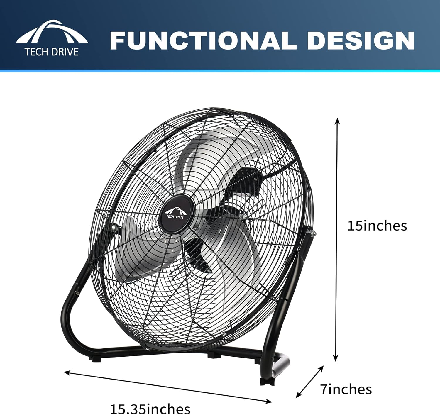 Tech Drive High Velocity Floor Fan,12 inch Heavy Duty Metal Industrial Fans,3 Powerful Speed,360° Adjustable Tilting and All Metal Construction, Black