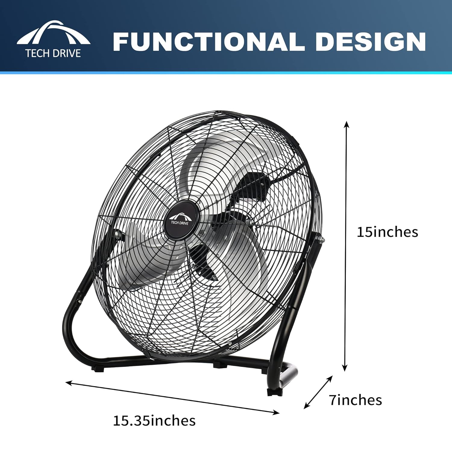 Tech Drive High Velocity Floor Fan,12 inch Heavy Duty Metal Industrial Fans,3 Powerful Speed,360° Adjustable Tilting and All Metal Construction, Black