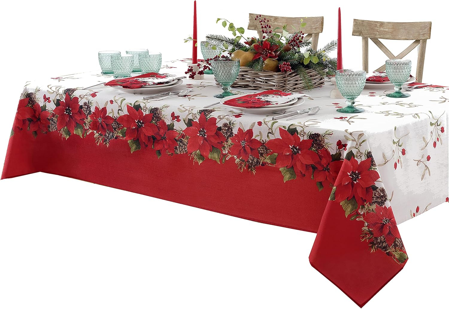 Newbridge Christmas Blooming Poinsettia’s Double Bordered 52 x 52 inch Square Fabric Tablecloth, Holiday Red and White Poinsettia Dining Table Cover