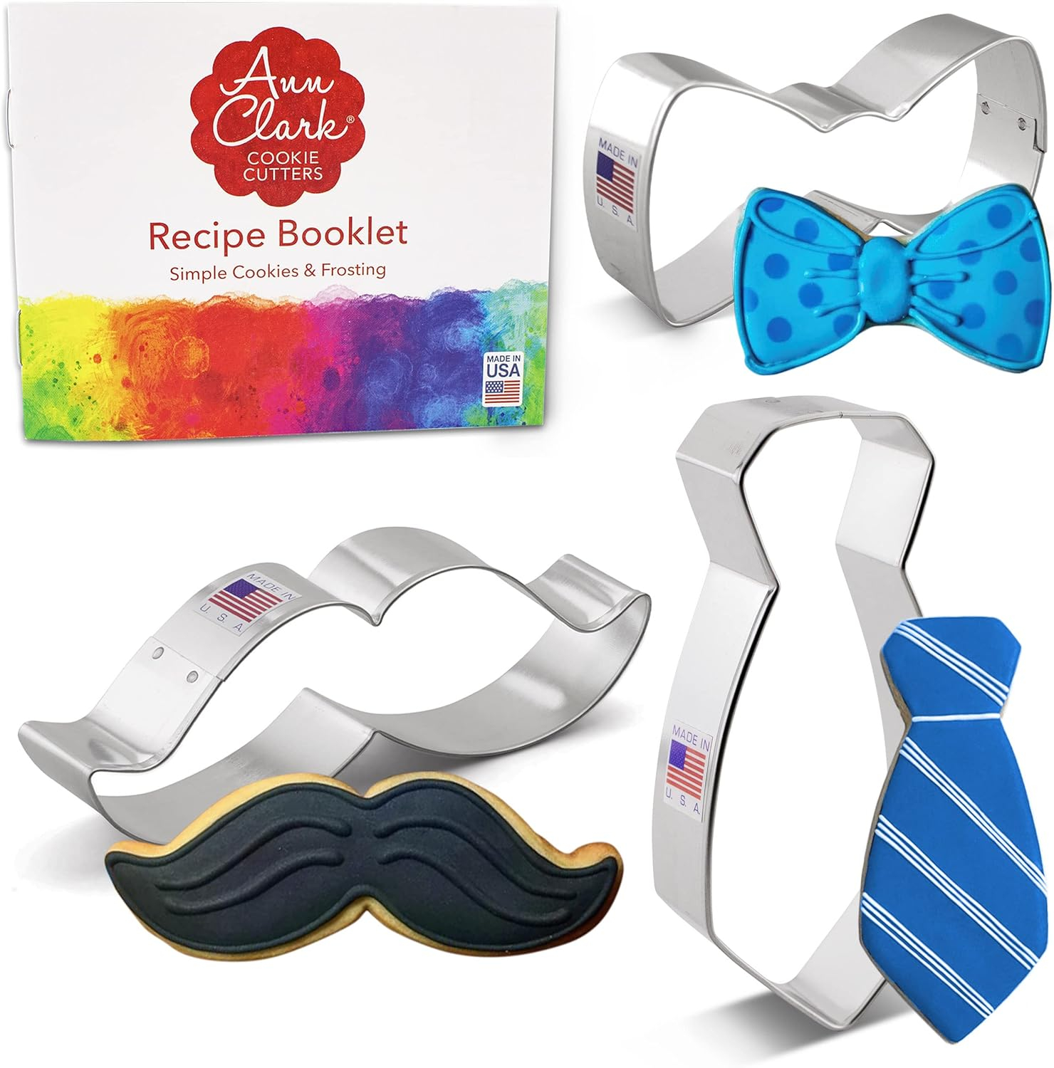 Little Man Father's Day Cookie Cutter Set, 3-Piece Set, Mustache, Bowtie, Neck Tie, Made in USA by Ann Clark