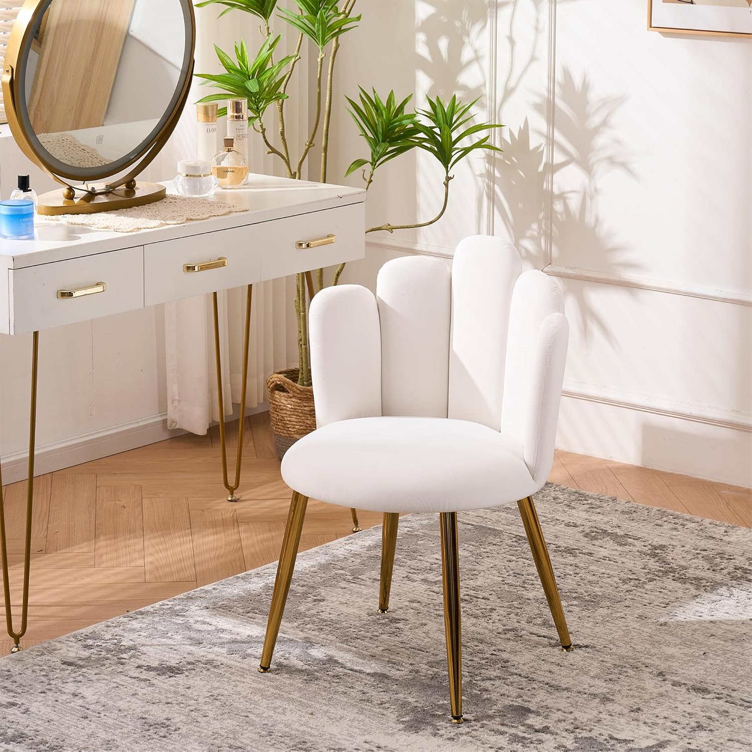 Vanity Chair with Back Makeup Chair for Makeup vanities Modern Cute Velvet armless Accent Chair with Gold Legs for Living Room/Bedroom/Kitchen (1, Ivory White)