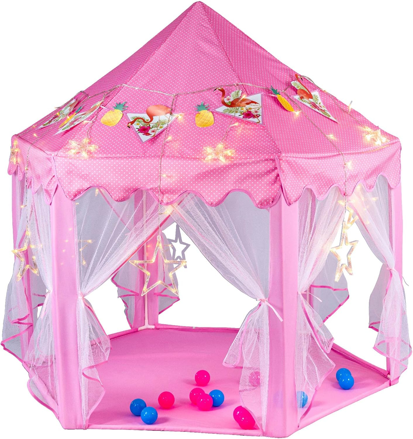 Twinkle Star 55"x 53" Princess Play Castle Tent with Ultra Soft Rug for Girls Playhouse Include Star String Lights and Banners Decor, Princess Tent, Kids Game House for Indoor Outdoor Game, Pink