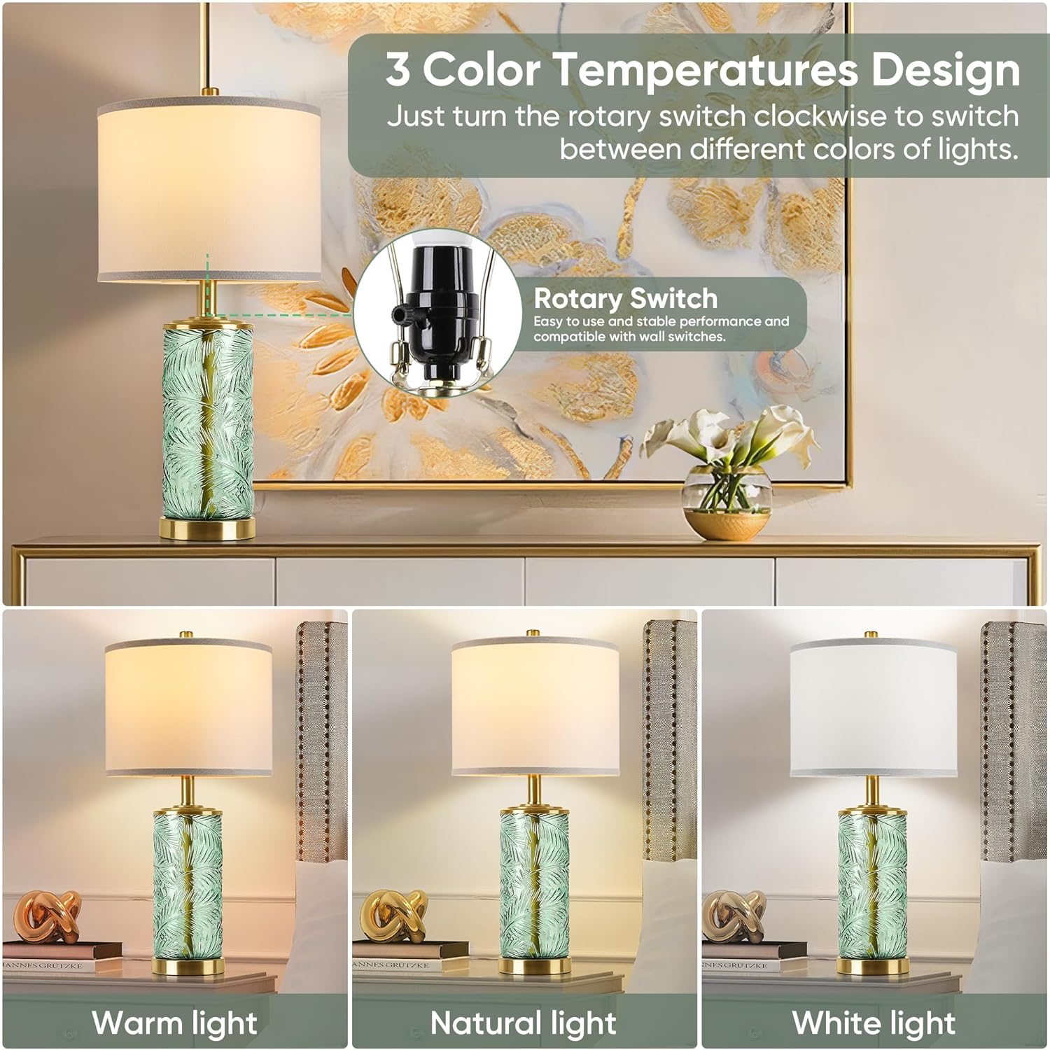 QiMH Glass Table Lamp Set of 2, Modern Gold Bedside Lamp with Stereo Palm Leaves Vein Glass for Living Room, Green Nightstand Lamps for Bedroom Home Office Reading Decor(Bulbs & Shades Included)