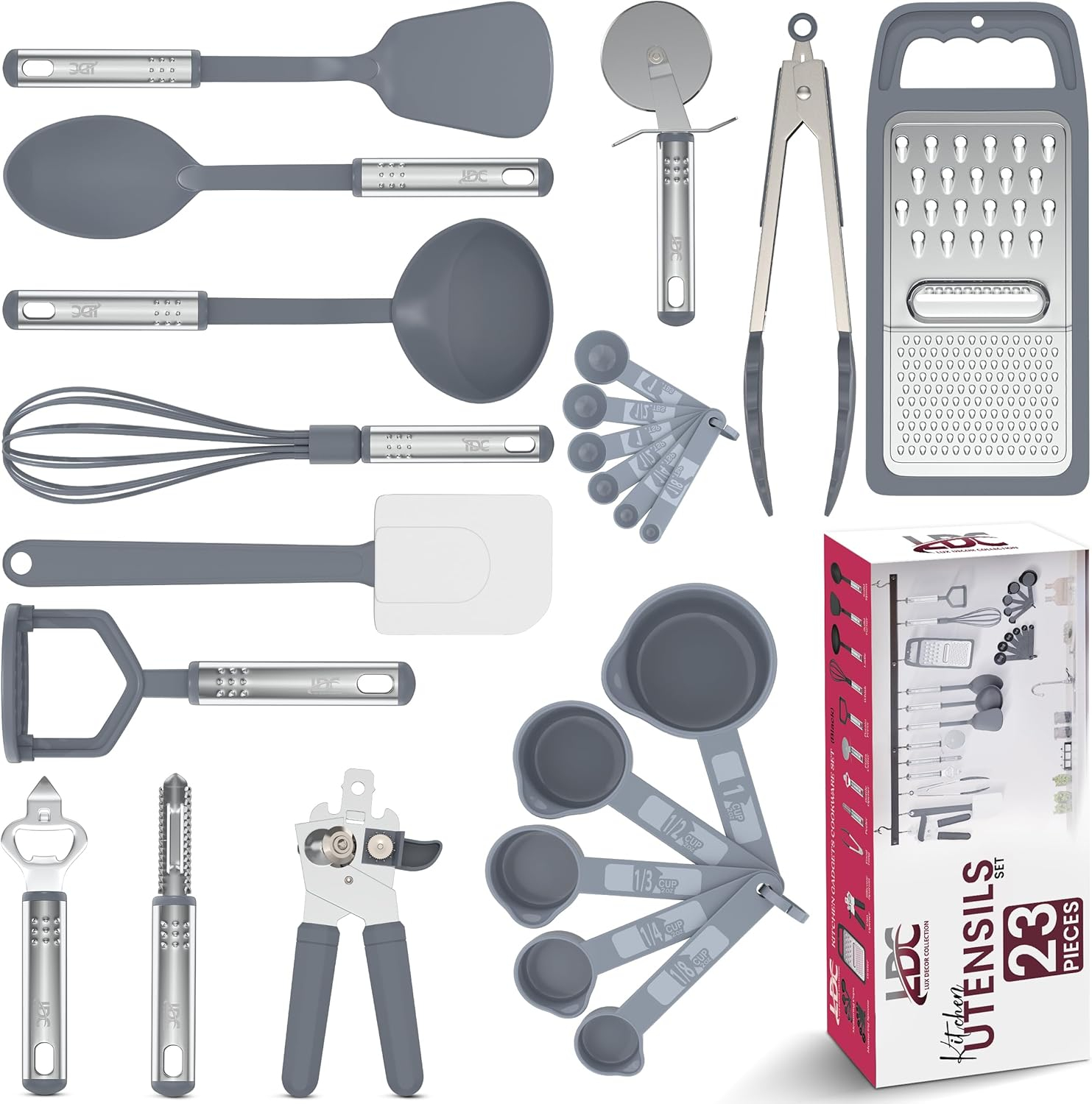 Lux Decor Collection 23 Pieces Cooking Utensils Set, Kitchen Utensils Sets of Nylon and Stainless Steel Utensils Set Pack of 1, Gray Utensils Set