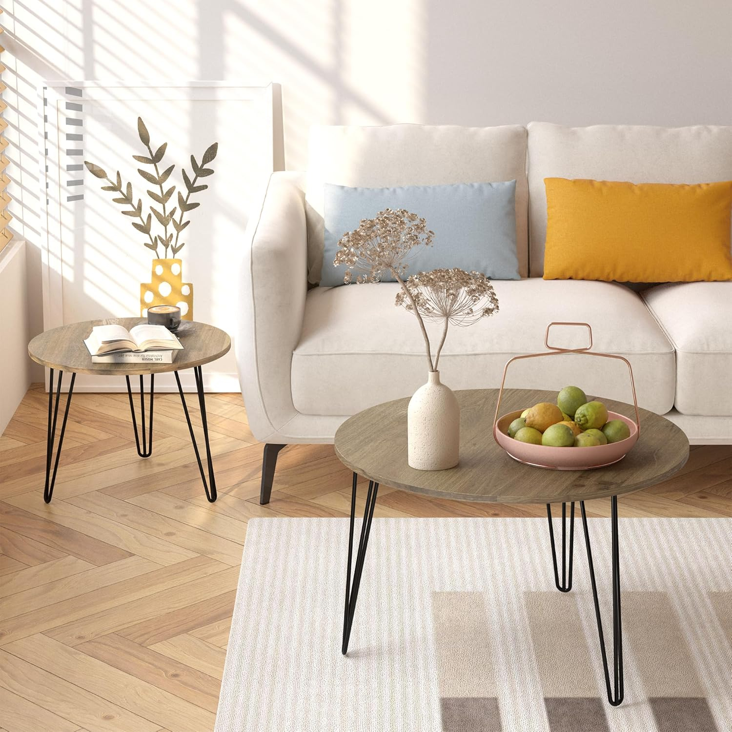 Yesfashion 27.56" Nesting Coffee Table Set Of 2, Modern Round Marble Pattern Wooden Side Tables With Metal Frame, Circular Nesting End Table Set For Living Room