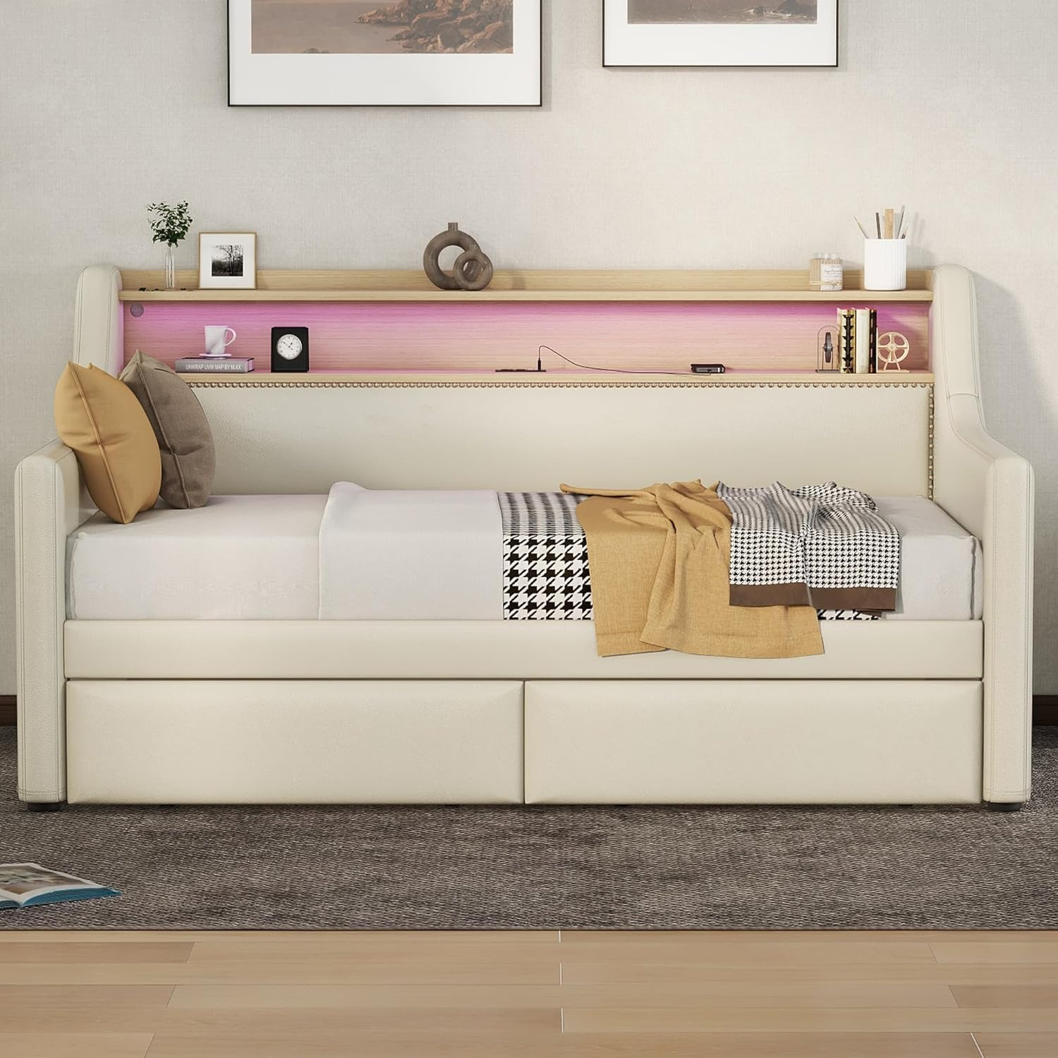 Miekor Muebles Sofá Cama Twin con Cajones de Almacenamiento, Sofá Cama Tapizado con Estación de Carga y Luces Led, Beige (Artículo Antiguo W1580S00022) 00033