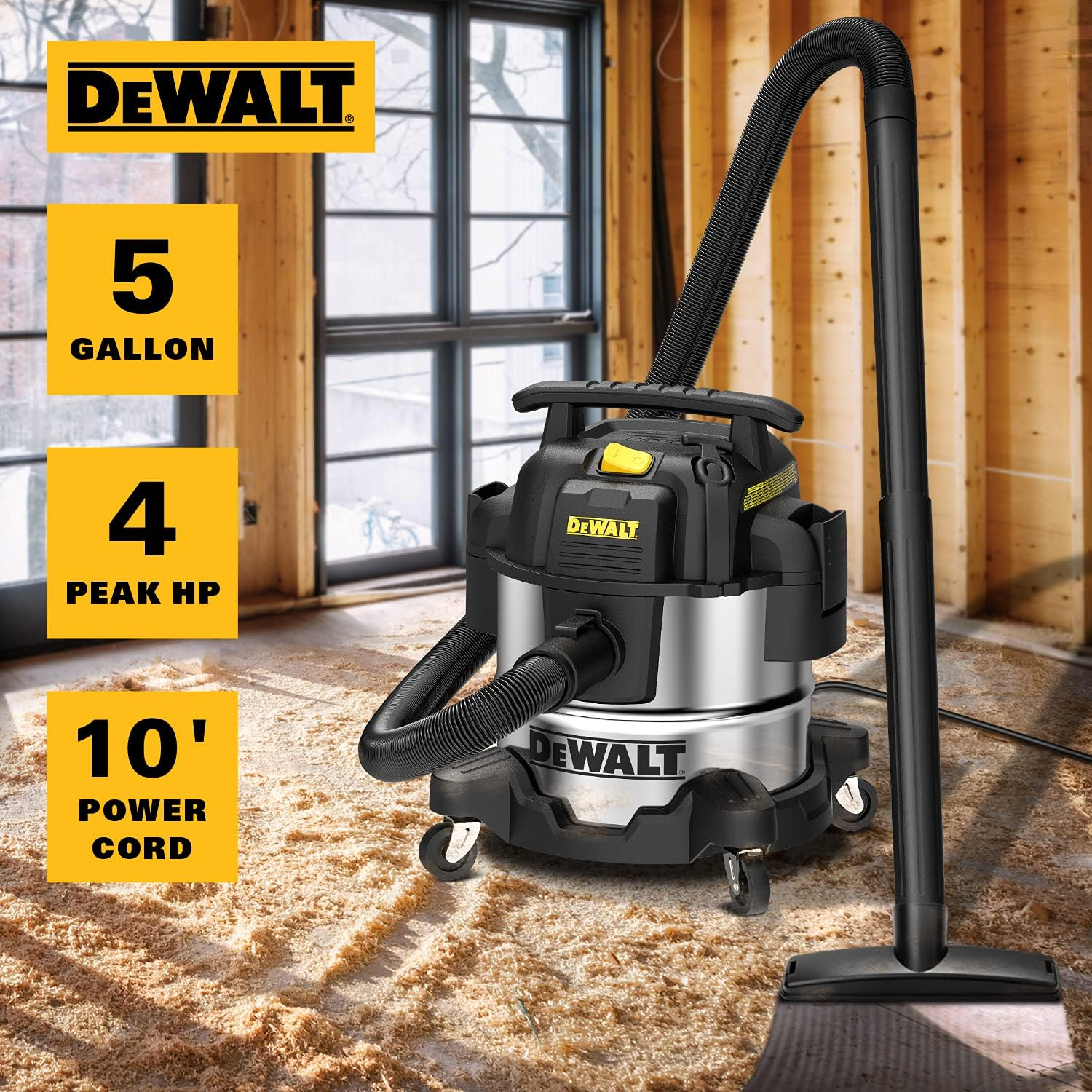 DEWALT DXV05S 5 Gallon Stainless Steel Wet/Dry Vac, 4 Peak HP Shop Vacuums with Attachments, Powerful Suction, 1-7/8" Hose, DXV05S, Silver