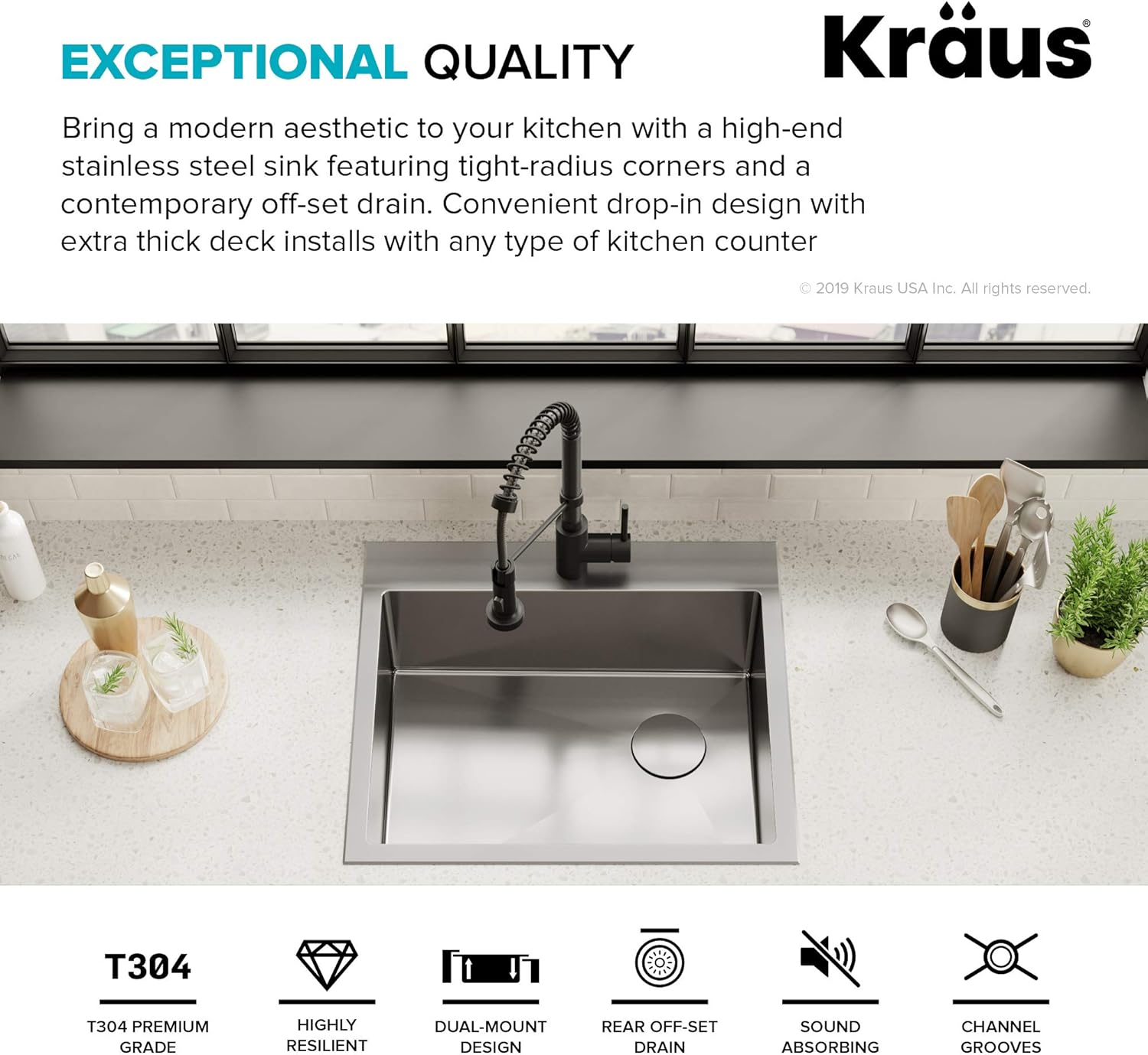 Kraus KHT411-25 Standart Pro Drop-in Topmount 16 Gauge Single Bowl 2-Hole Stainless Steel Set (5 Item Bundle: Sink, Bottom Grid, Assembly, Drain Cap, Kitchen Towel), 25 Inch, Tight Radius