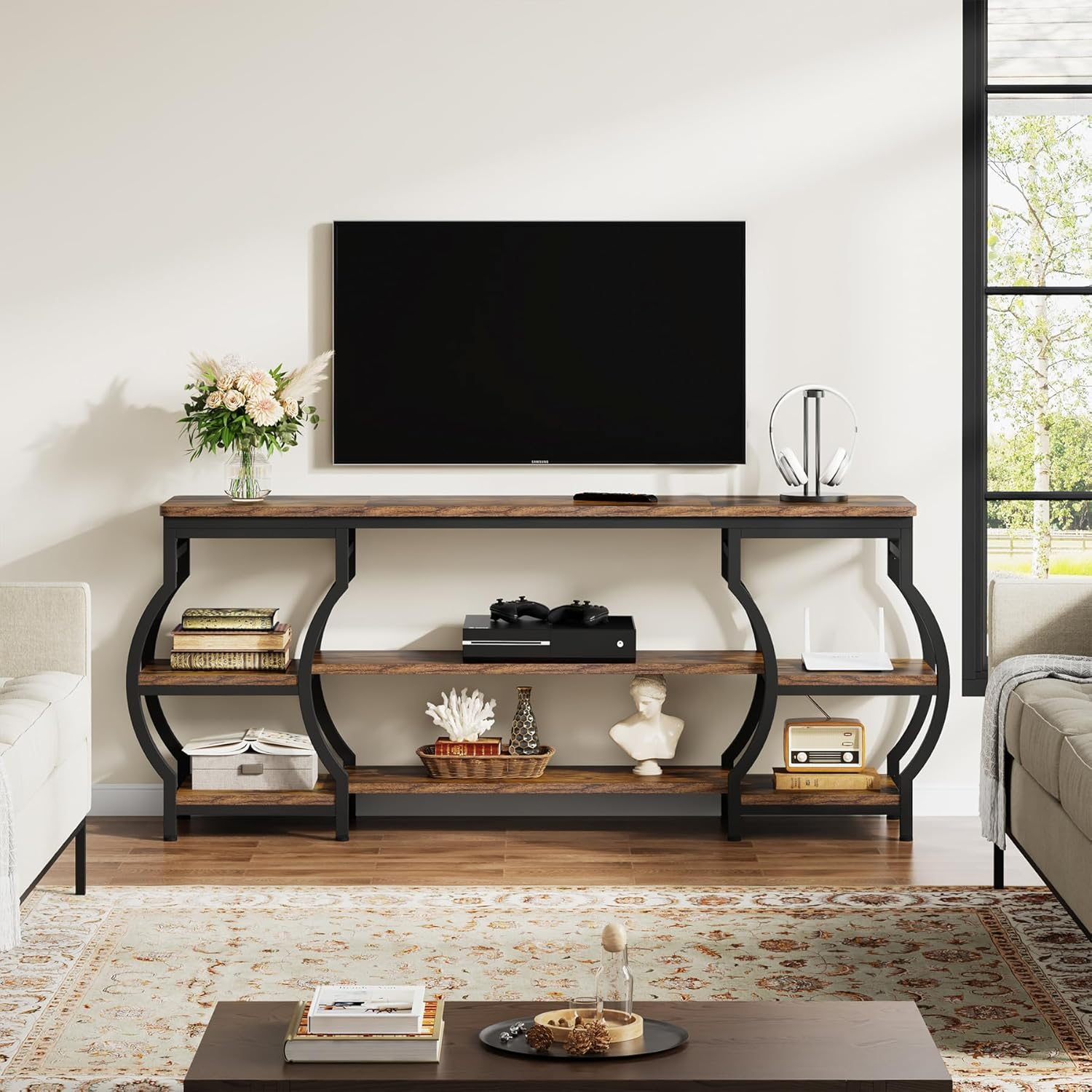 63'' Rustic Wood and Metal 3-Tier Console Table with Storage Shelves