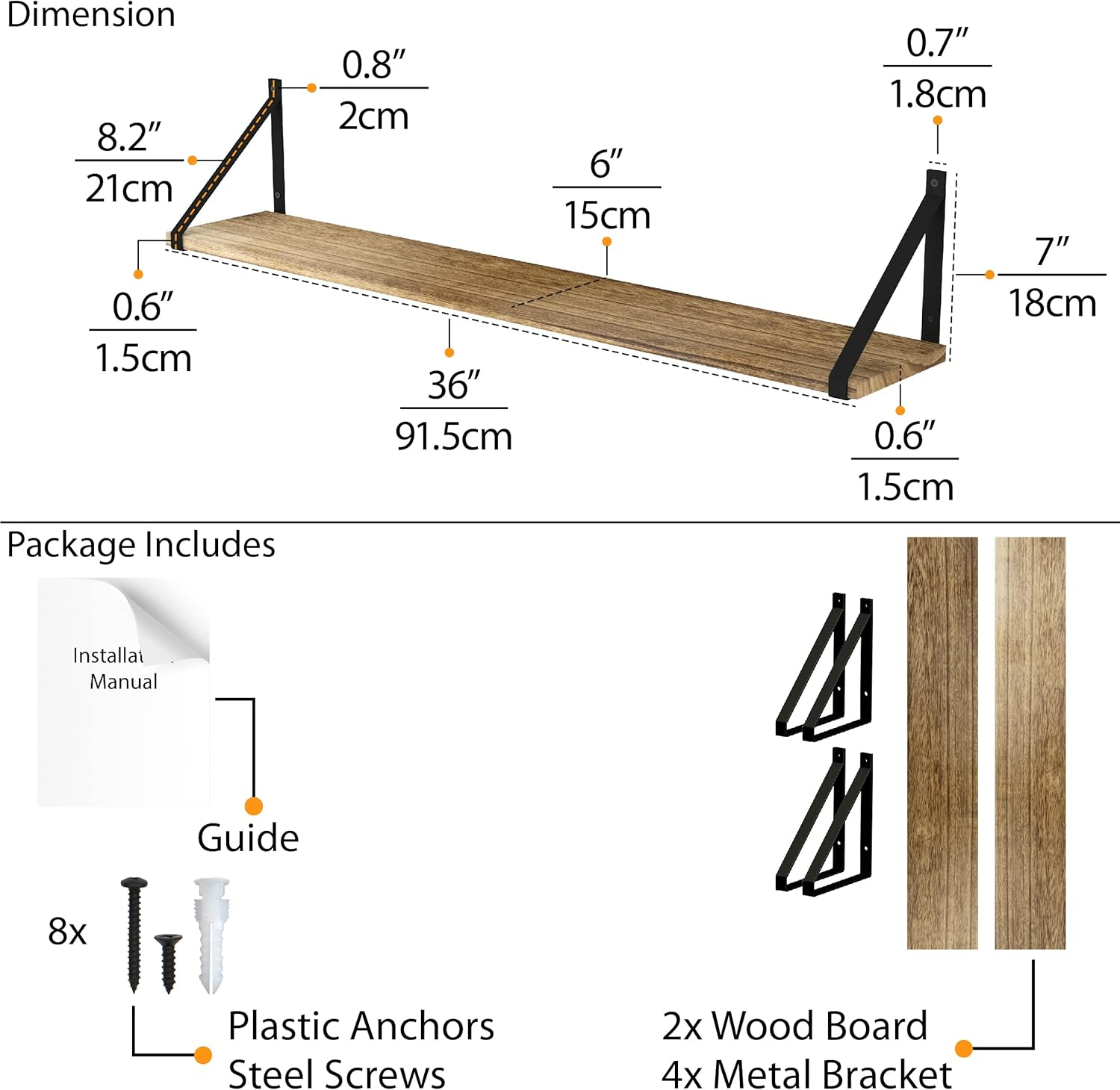 Wallniture Bora 36 Inch Large Floating Shelves for Wall, Floating Bookshelf, Plant Shelf Set of 2, Burned Wood Wall Shelves for Living Room