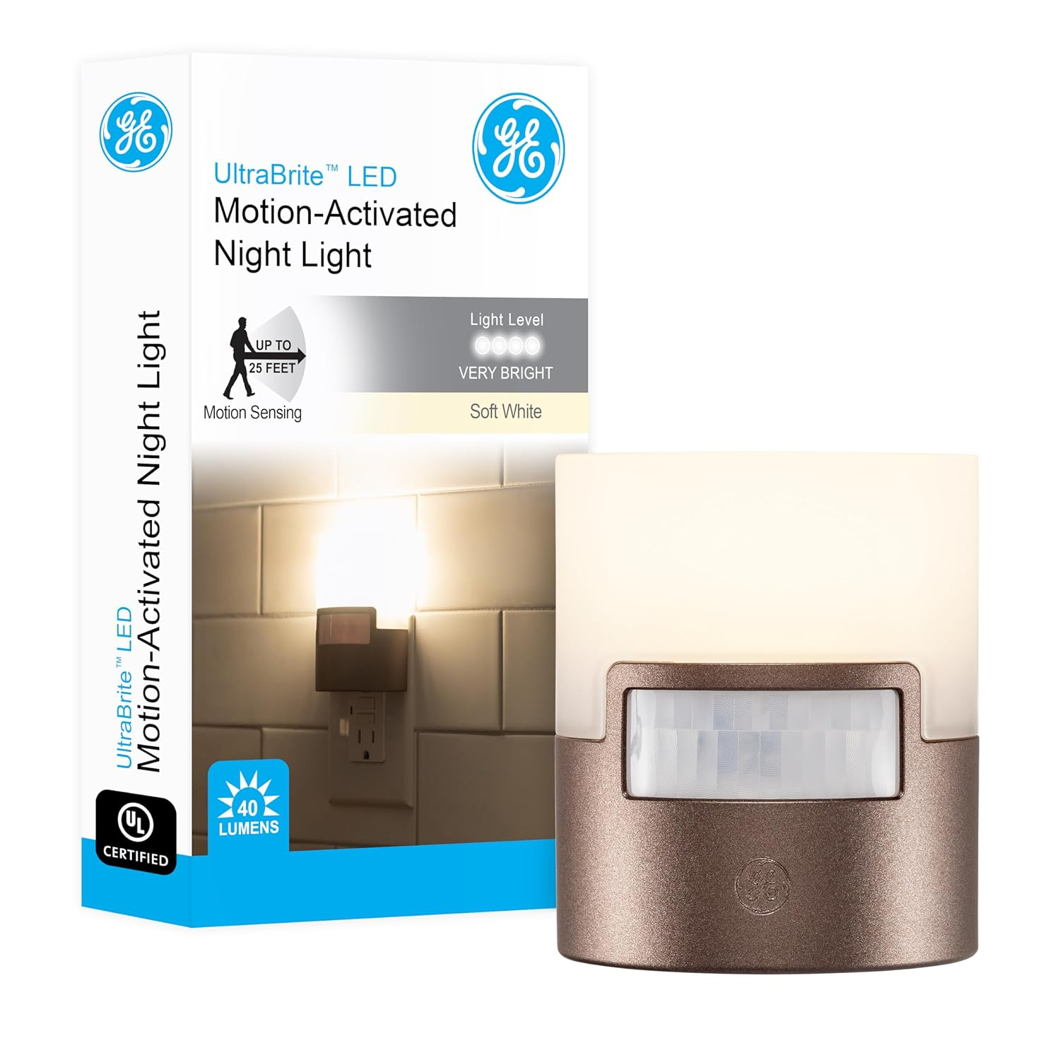 GE LED Motion Sensor Night Light, Plug into wall, 40 Lumens, Soft White, UL Certified, Energy Efficient, Ideal Nightlight for Bedroom, Bathroom, Kitchen, Hallway, 26140, Bronze, 1 Pack