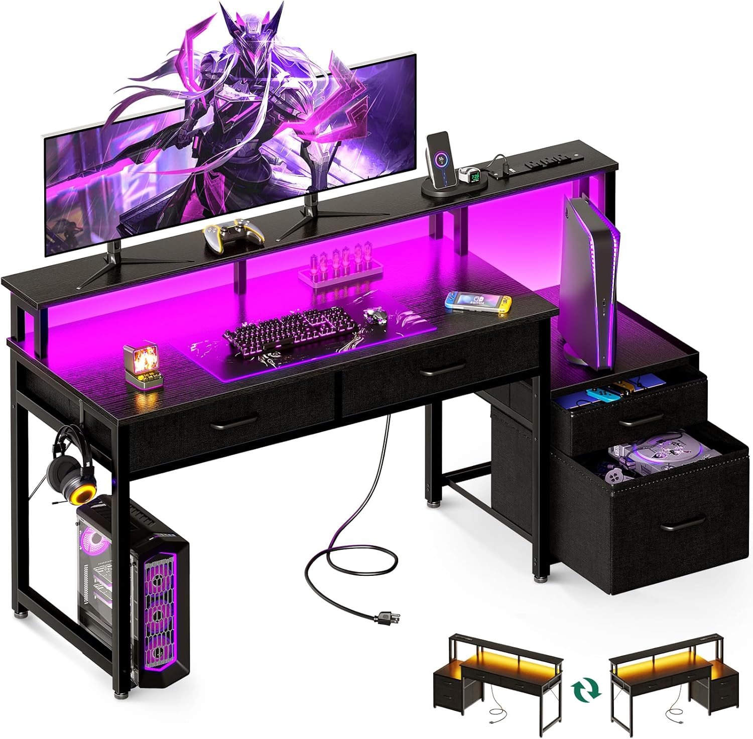 FETON 55-Inch Computer Desk with File Cabinet and Fabric Drawers, Reversible Office Desk with LED Strip and Power Strip, Gaming Desk with Monitor Riser, Writing/Study Table for Home, Black