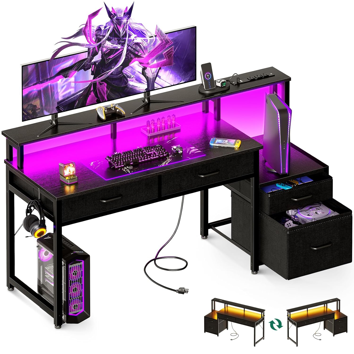 FETON 55-Inch Computer Desk with File Cabinet and Fabric Drawers, Reversible Office Desk with LED Strip and Power Strip, Gaming Desk with Monitor Riser, Writing/Study Table for Home, Black