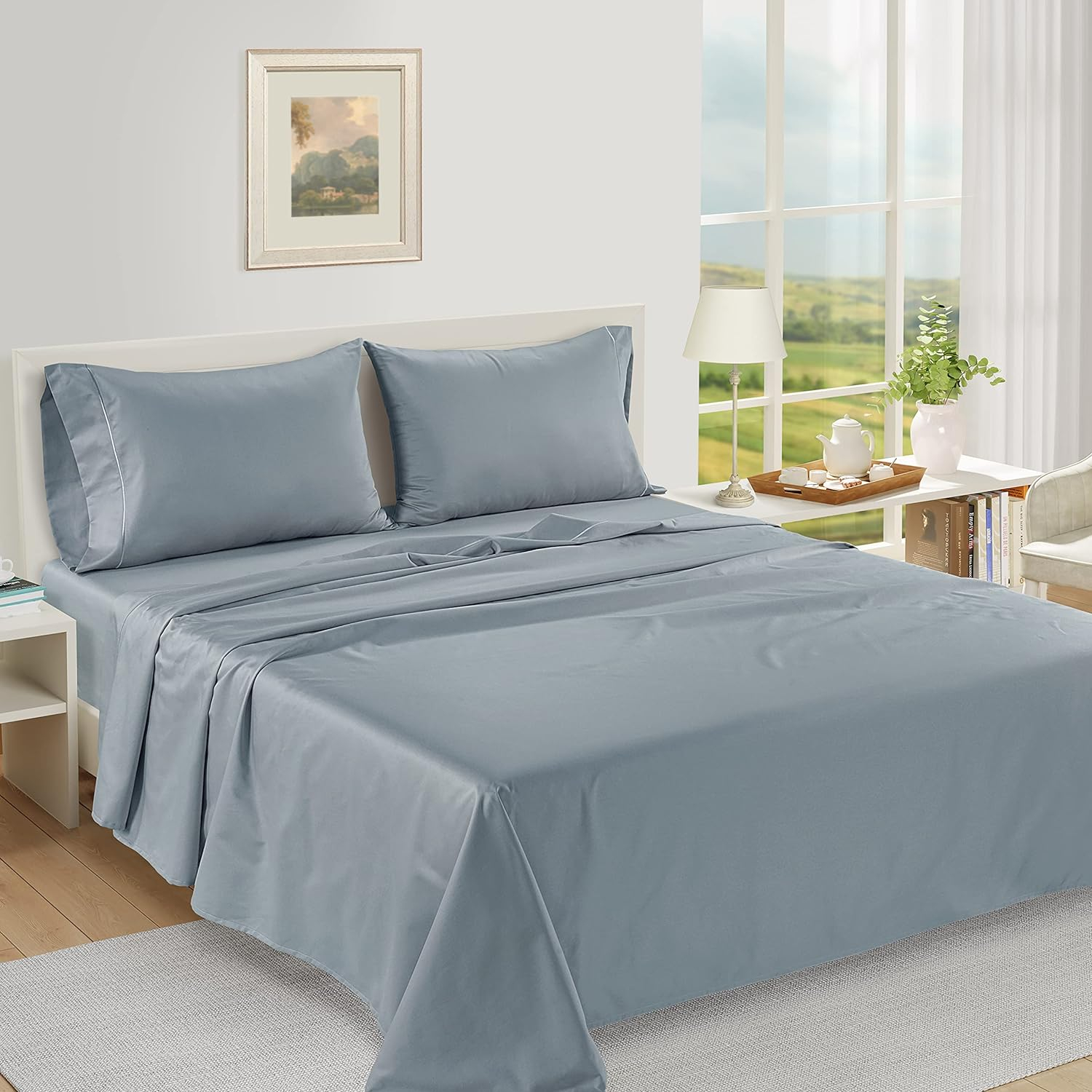 LANE LINEN 1000 TC 100% Egyptian Cotton Queen Sheet Set, 16 inch Deep Pocket Fully Elasticized French Reinforced Pocket Seams for Soft, Comfy & Fresh Bed Eco Friendly Cooling Sheets Queen -Blue