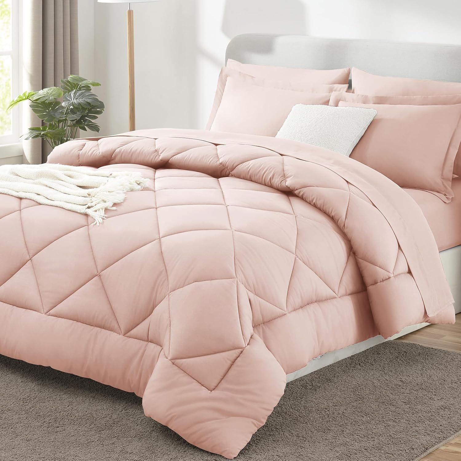 CozyLux Pink Comforter Set Queen - 7 Pieces Bed in a Bag Toddler Girls Comforter Set Teen Girl Bedding Sets with All Season Quilted Comforter, Flat Sheet, Fitted Sheet, Pillowcases, Blush Pink