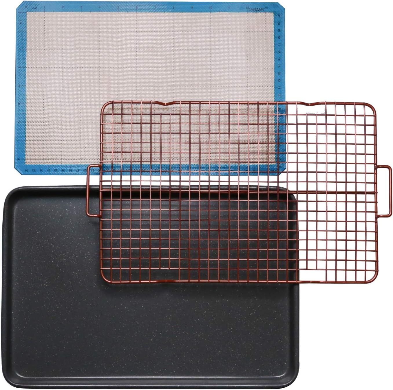 Silver Granite Non-Stick Cookie Sheet Set with Cooling Grid and Silicone Mat