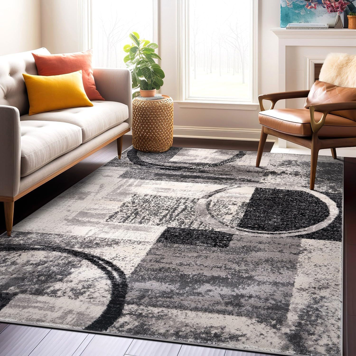 Contemporary Abstract Circle Design Cream 10 ft. x 14 ft. Indoor Area Rug