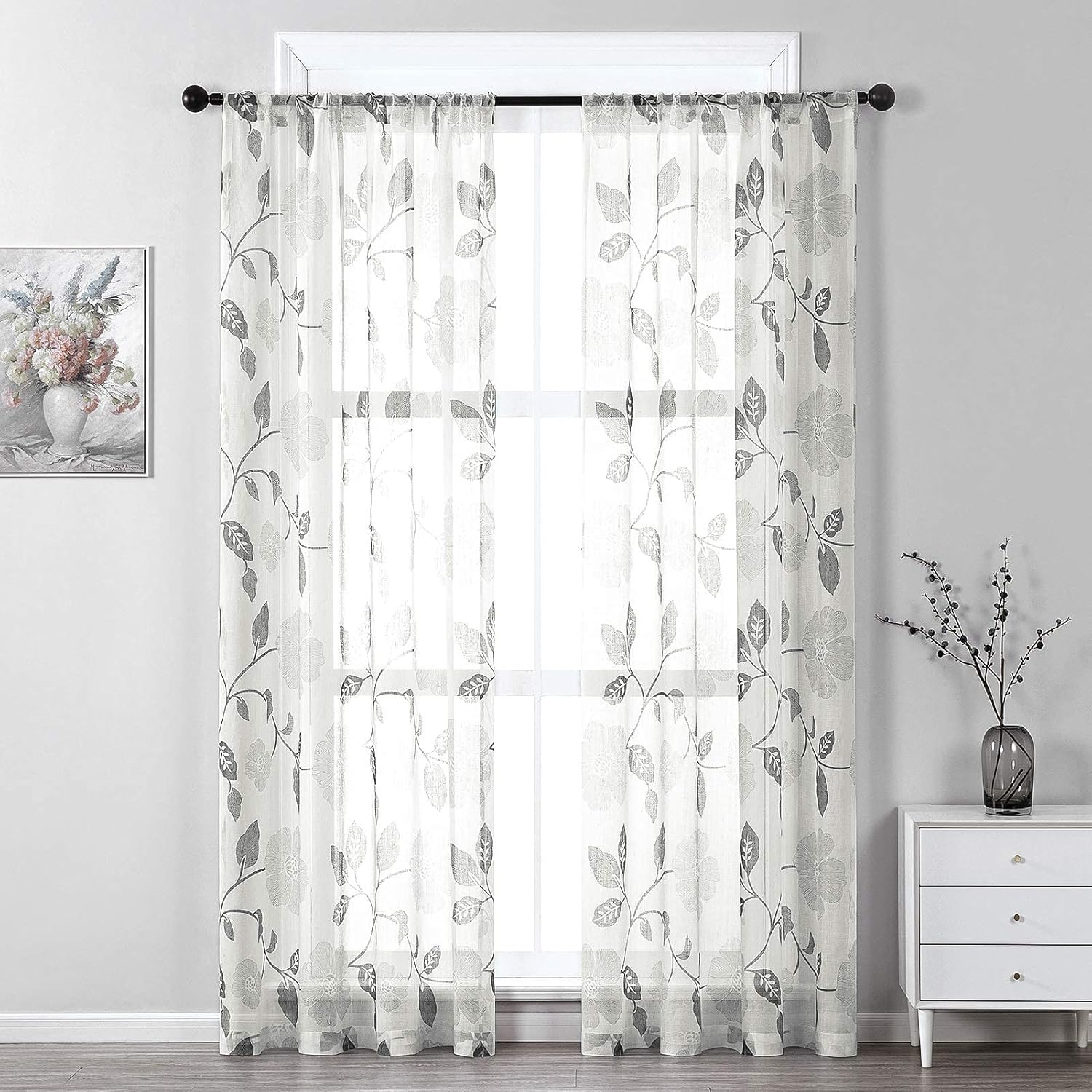 MRTREES Sheer Curtain Panels, Voile Sheer Curtains Drapes Rod Pocket, Flower Printed Embroidery Window Curtain Treatments for Bedroom Living Room Bathroom Window(2 Panels, 54x45 Inches, Olive)