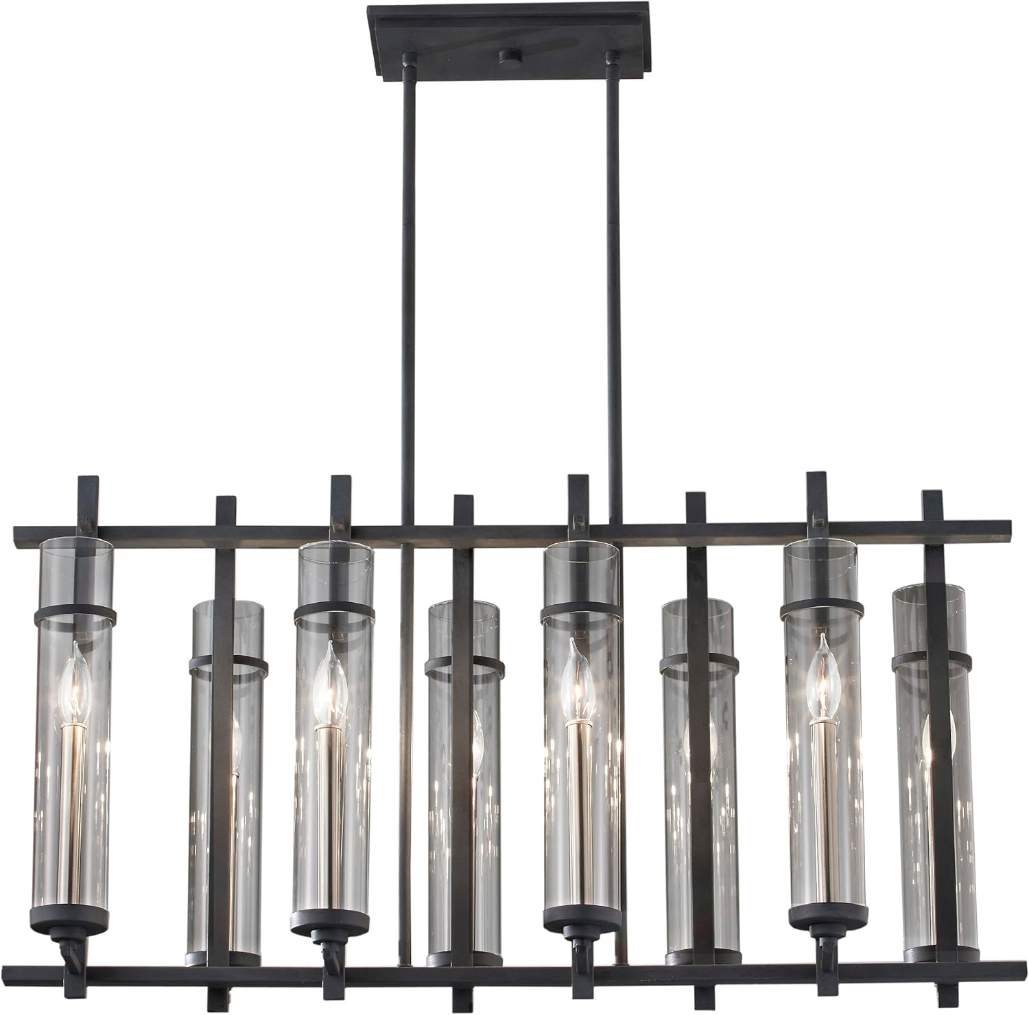 Ethan 8-Light Antique Forged Iron/Brushed Steel Contemporary Industrial Linear Billiard Island Candlestick Chandelier