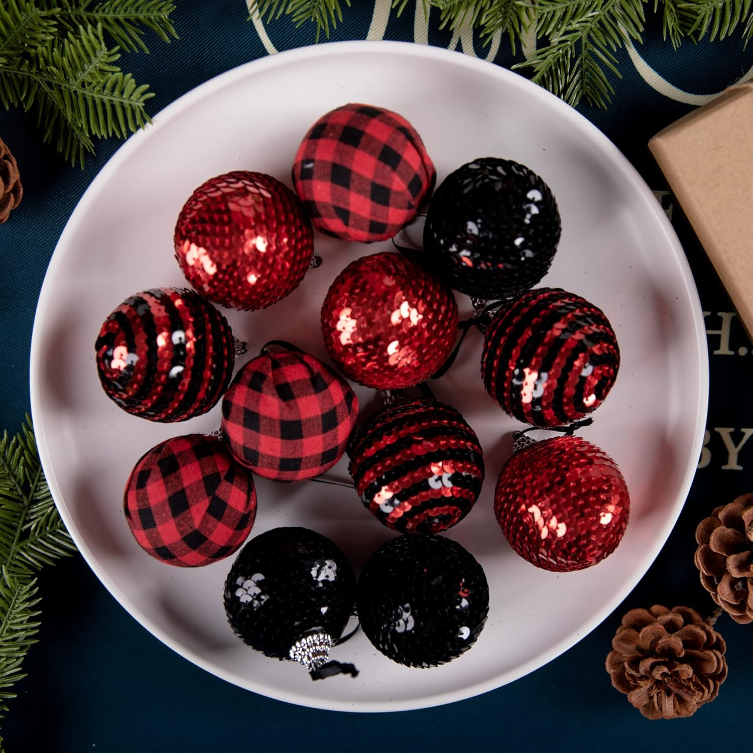 12pcs Black and Red Sequin Balls,1.96" Christmas Buffalo Plaid Hanging Balls,Shatterproof Xmas Checkered Tree Ornaments for Party Home Decor