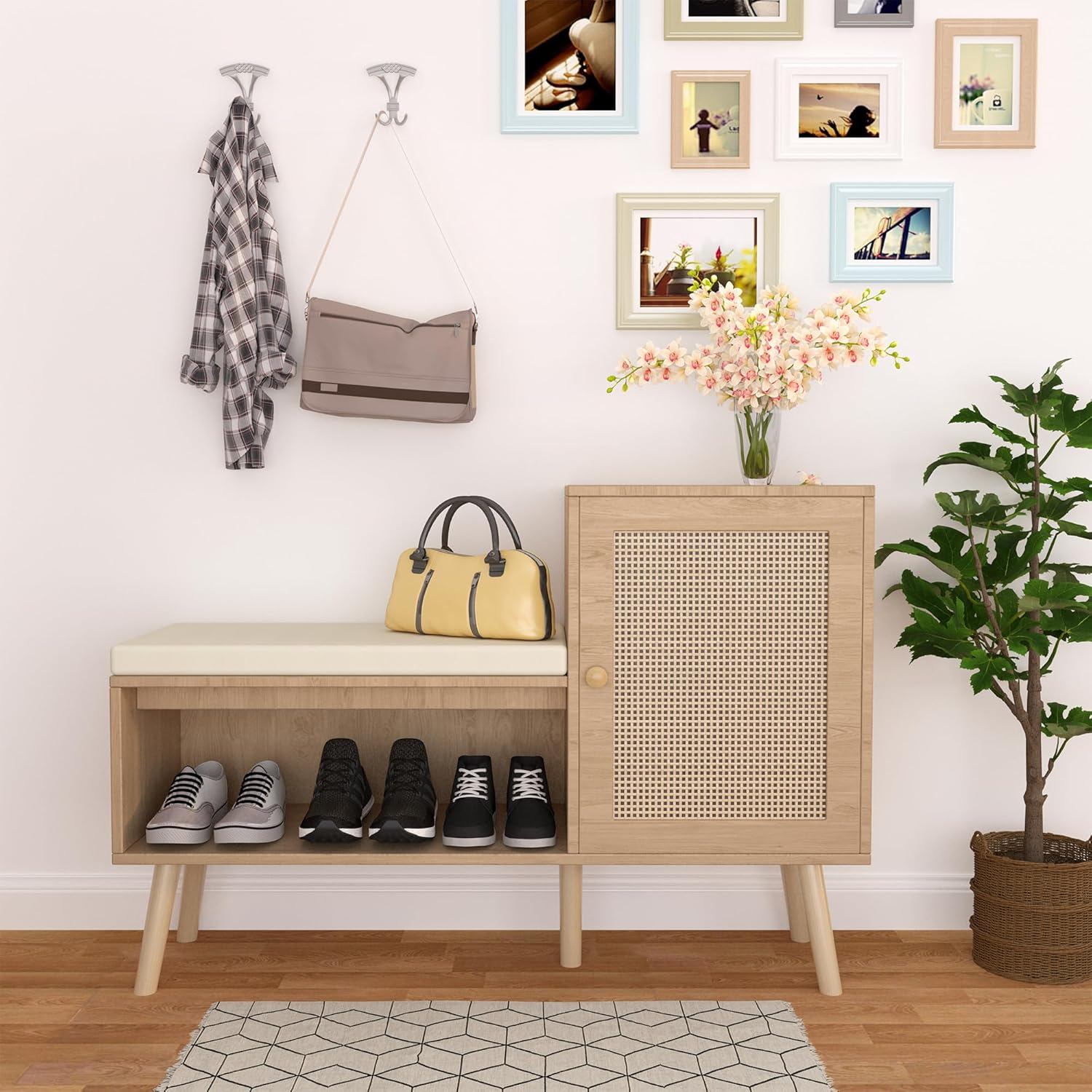 Natural Rattan Wood Shoe Storage Bench with Removable Cushion