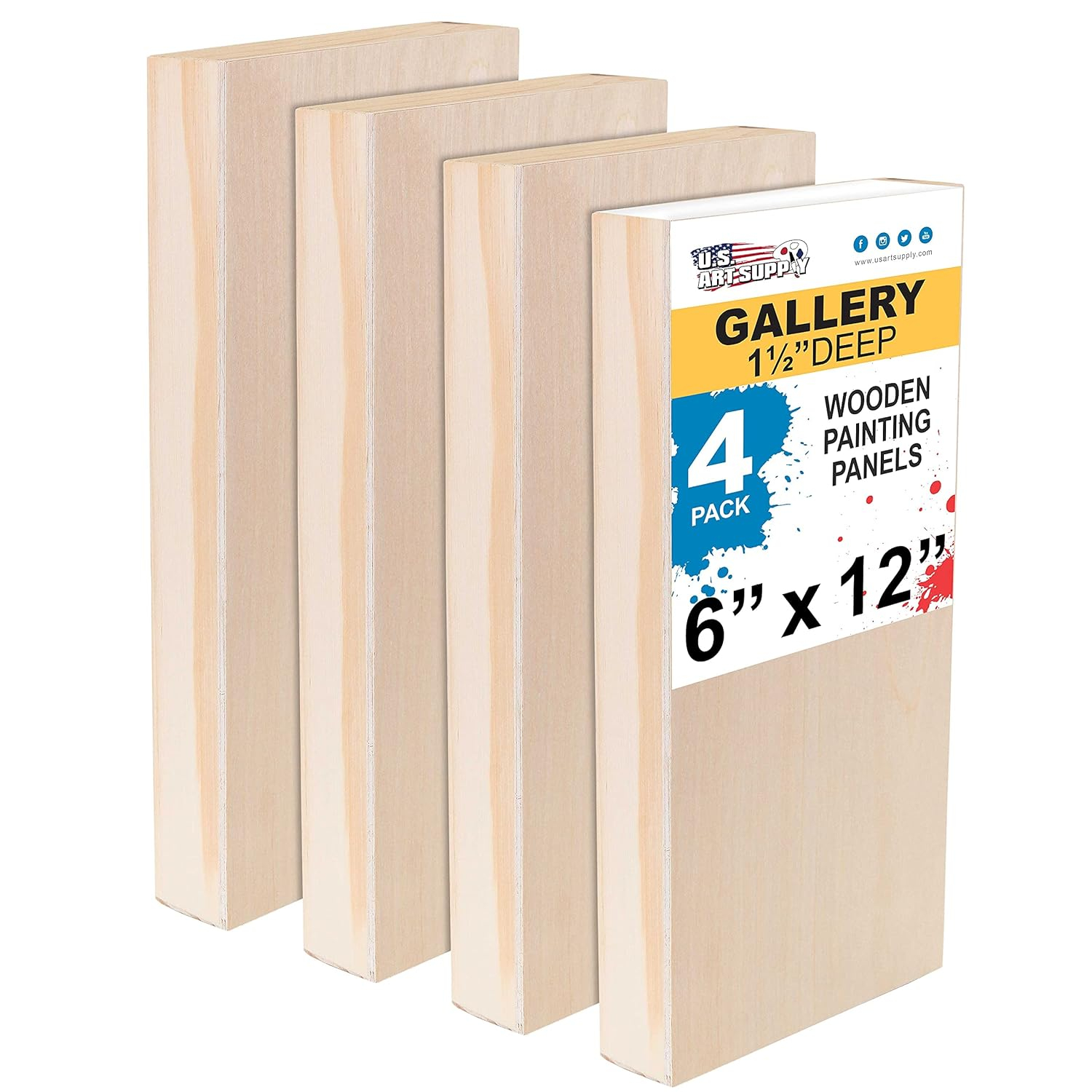 U.S. Art Supply 6" x 12" Unfinished Cradled Wood Panels for Painting, Gallery 1-1/2" Deep (4 Pack) - Artist Depth Wooden Wall Canvases - Mixed-Media Craft, Acrylic, Oil, Encaustic, Paint Pouring