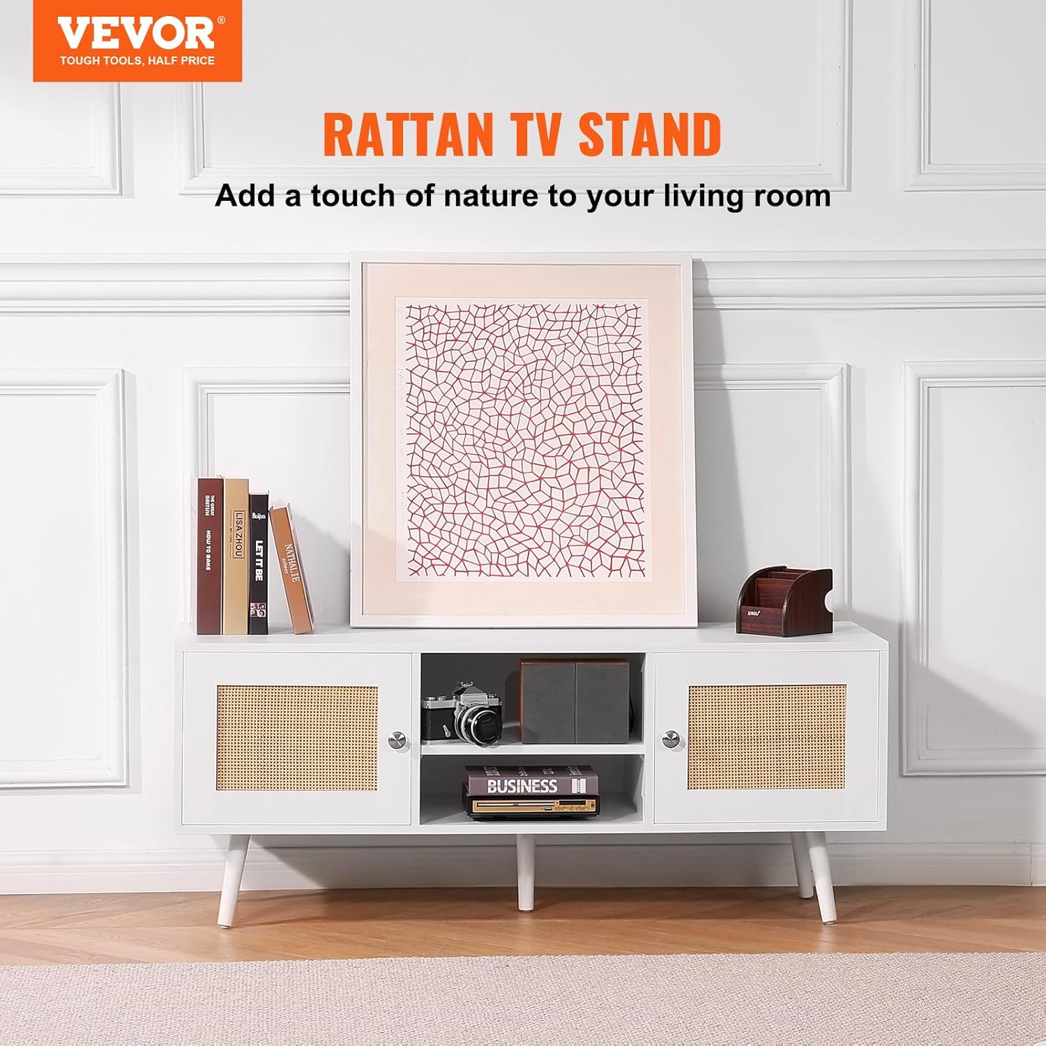 VEVOR Rattan Mid Century Modern TV Stand, Boho TV Console for 55 inch TV, White