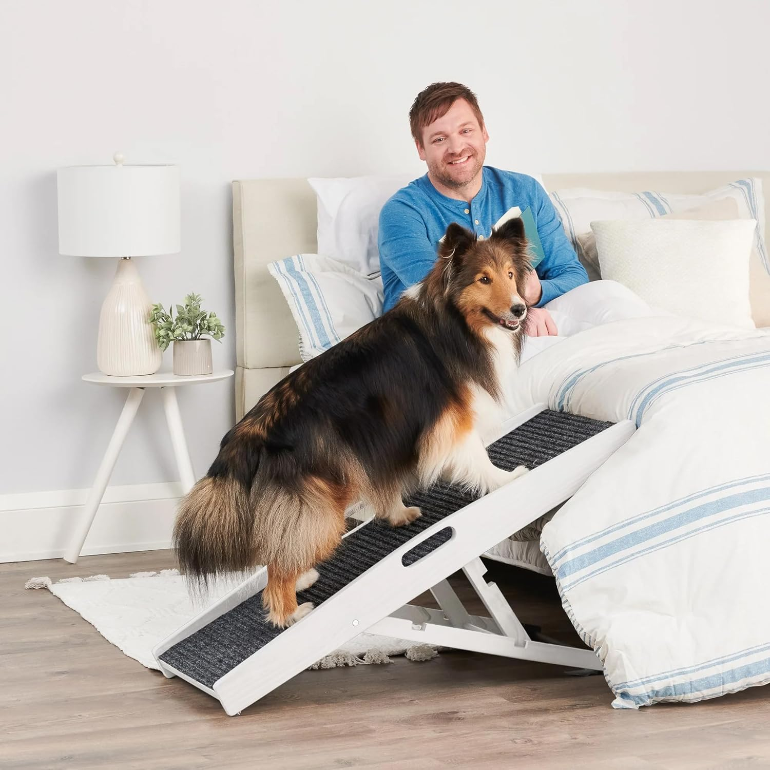 Carlson 39.5" Indoor Pet Ramp, White, Collapsible, Adjustable Height, Includes Handles, Non-Slip Carpet, and Rubber Feet.