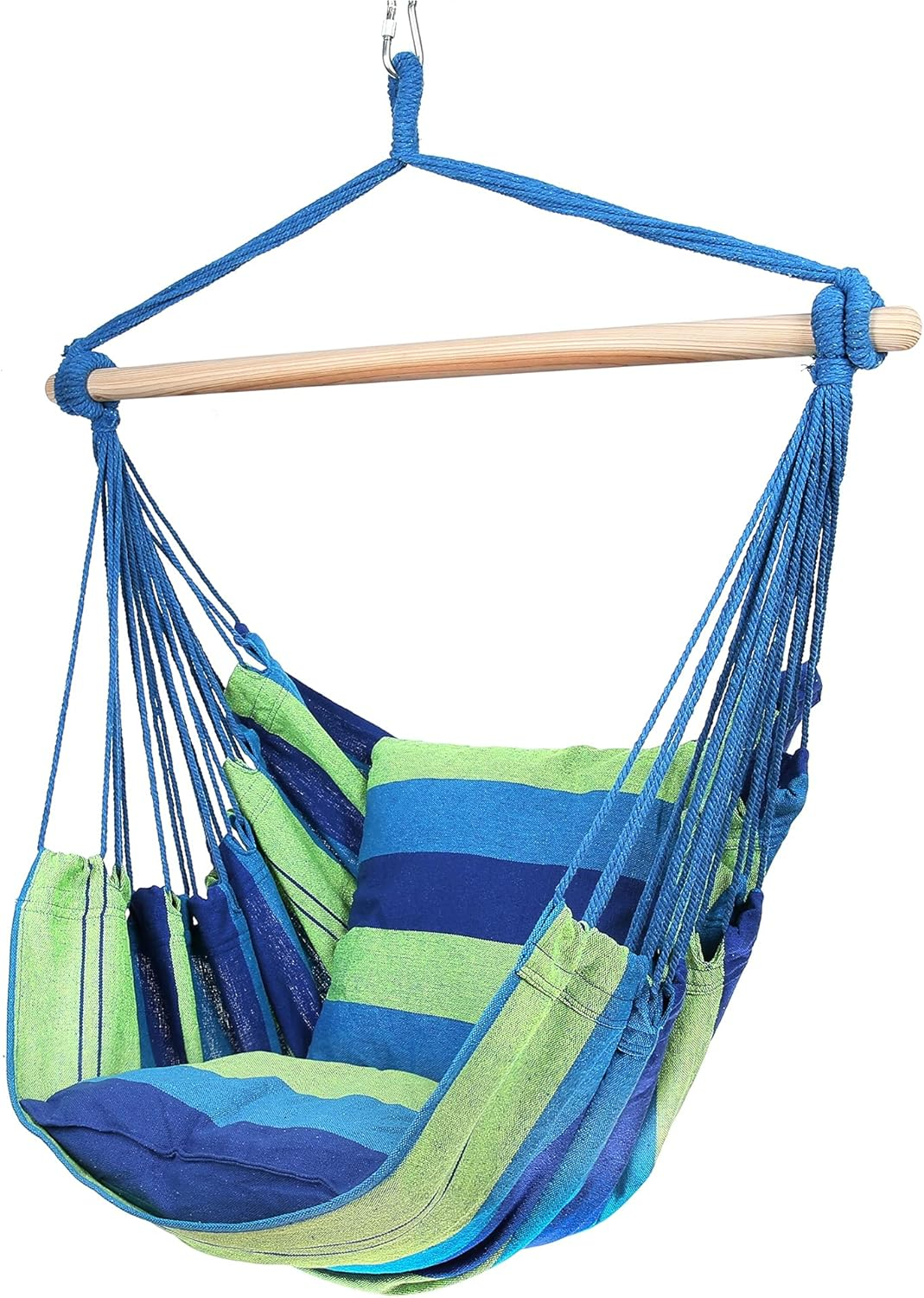 Blissun Hanging Hammock Chair, Hanging Swing Chair with Two Cushions, 34 Inch Wide Seat Blue & Green Stripes (Seaside Stripe)