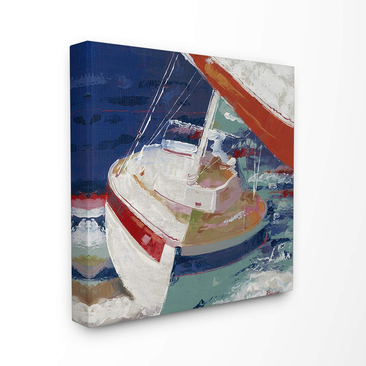 The Stupell Home Decor Collection Red White and Blue Sailboat Rocking in the Ocean Close Up Painting XL Stretched Canvas Wall Art, 30 x 1.5 x 30