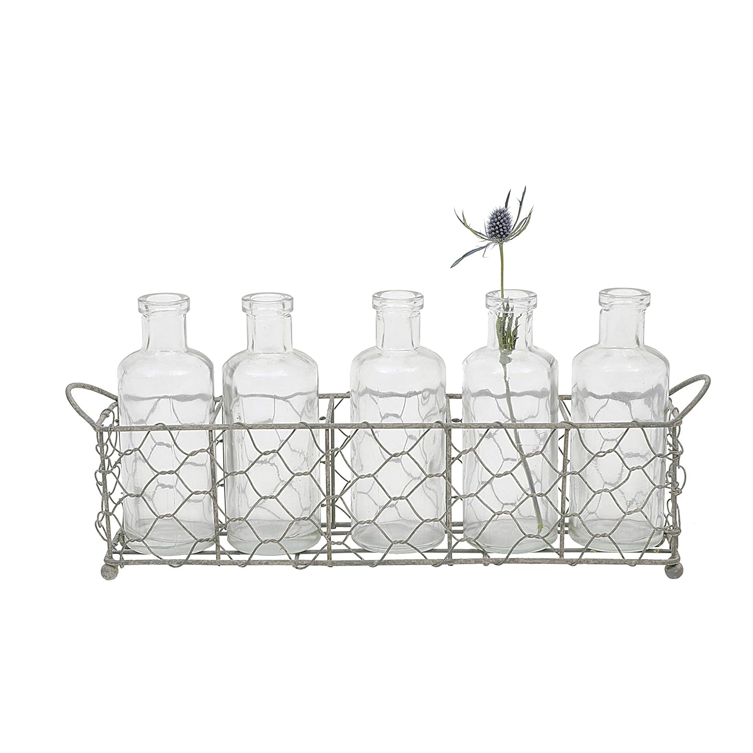 Creative Co-Op 5 Glass Vase Bottles on a Rectangle Metal Holder with Handles, Clear and Black, Set of 6
