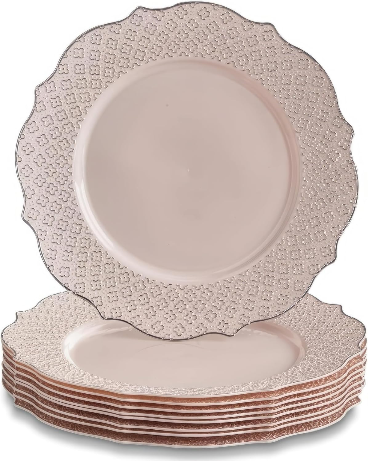 Fancy Disposable Dinner Plates (10 PC) Heavy Duty Plastic Plates, Rose Gold Party Supplies for Baby Showers, Weddings, Parties & Events, Pink Plates with Silver Embossed Rim - 10.25" - Harmony
