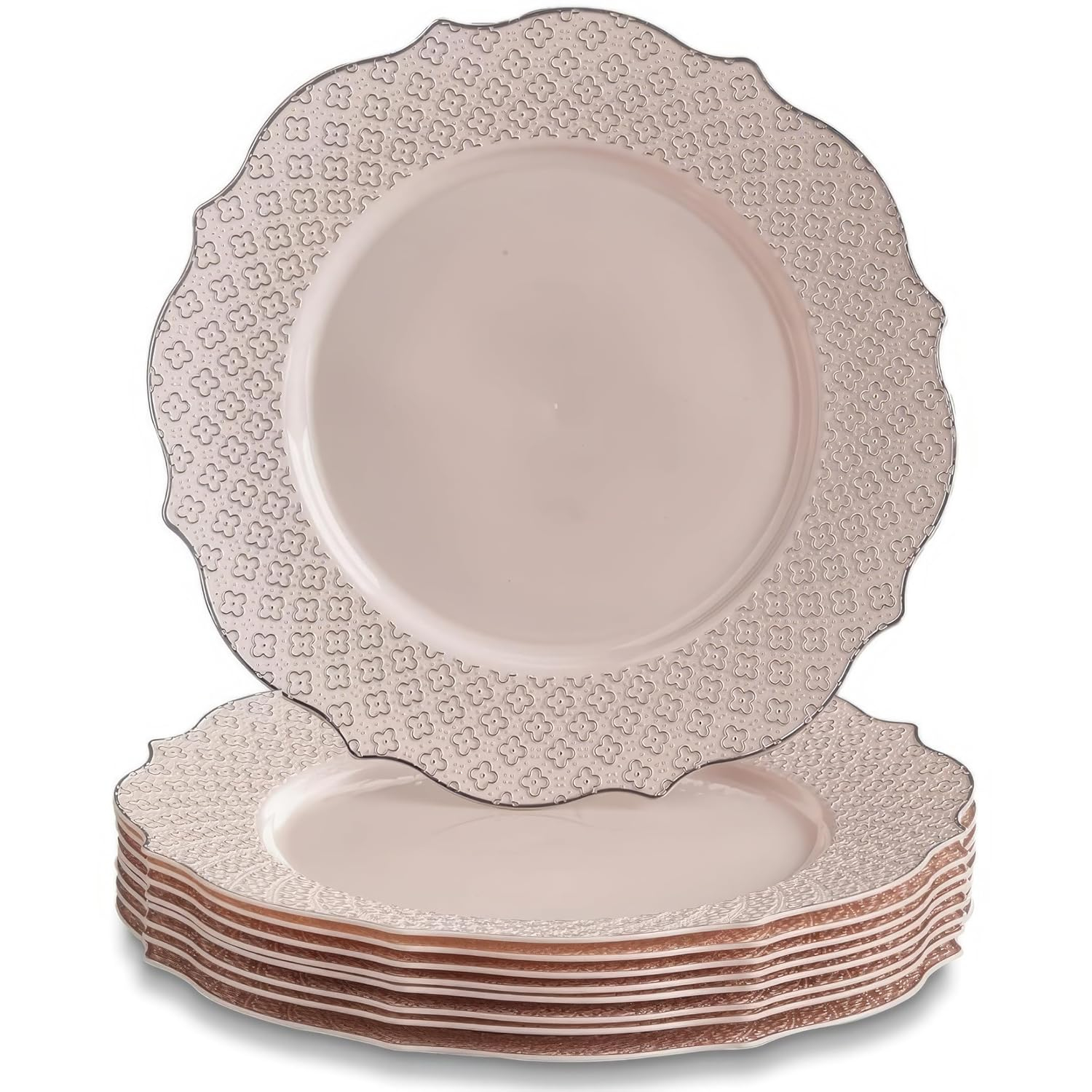 Fancy Disposable Dinner Plates (10 PC) Heavy Duty Plastic Plates, Rose Gold Party Supplies for Baby Showers, Weddings, Parties & Events, Pink Plates with Silver Embossed Rim - 10.25" - Harmony