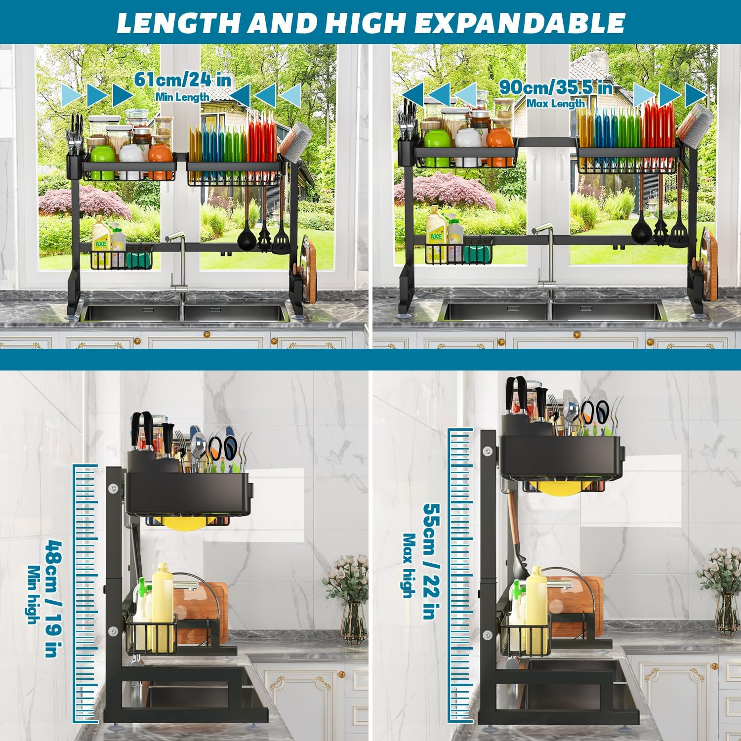 Black Stainless Steel Expandable Over Sink Dish Drying Rack