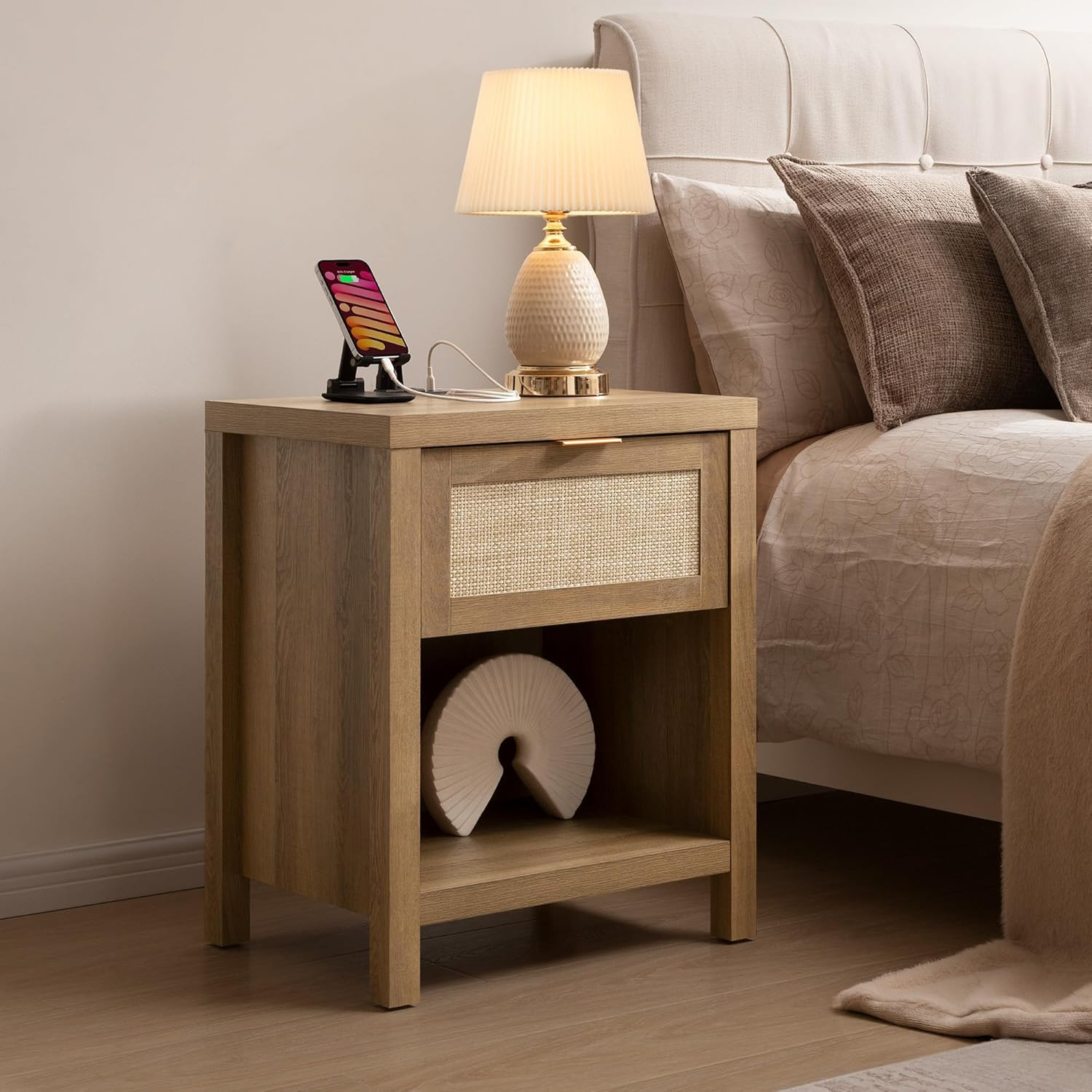SICOTAS Rattan Nightstands Set of 2 - Farmhouse Night Stand with Drawer and Storage Shelf - Boho Bedside Table End Side Table for Bedroom, Oak