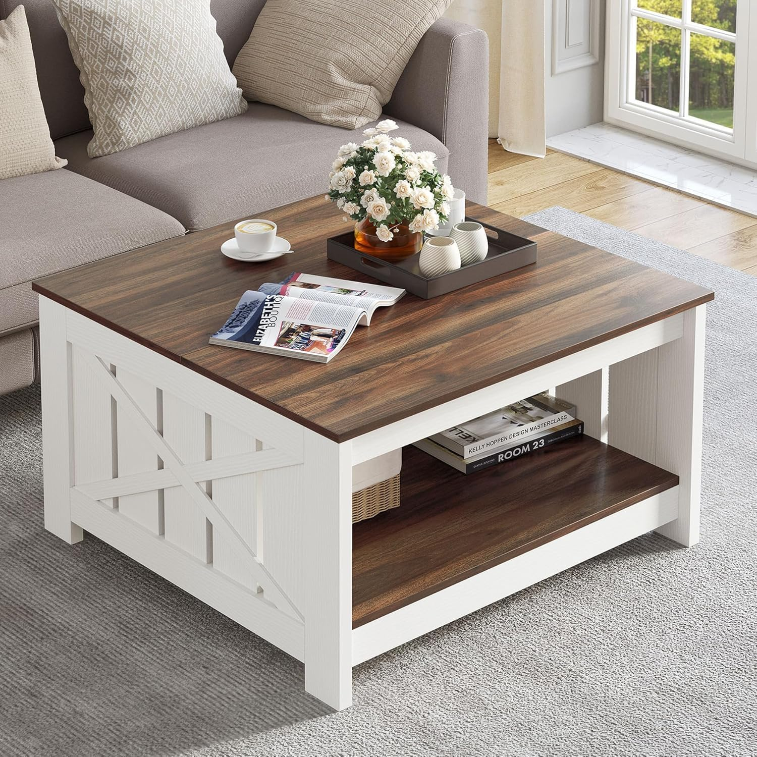 YITAHOME Coffee Table Farmhouse Coffee Table with Storage Rustic Wood Cocktail Table, Square Coffee Tables for Living Meeting Room with Half Open Storage Compartment, Brown with White