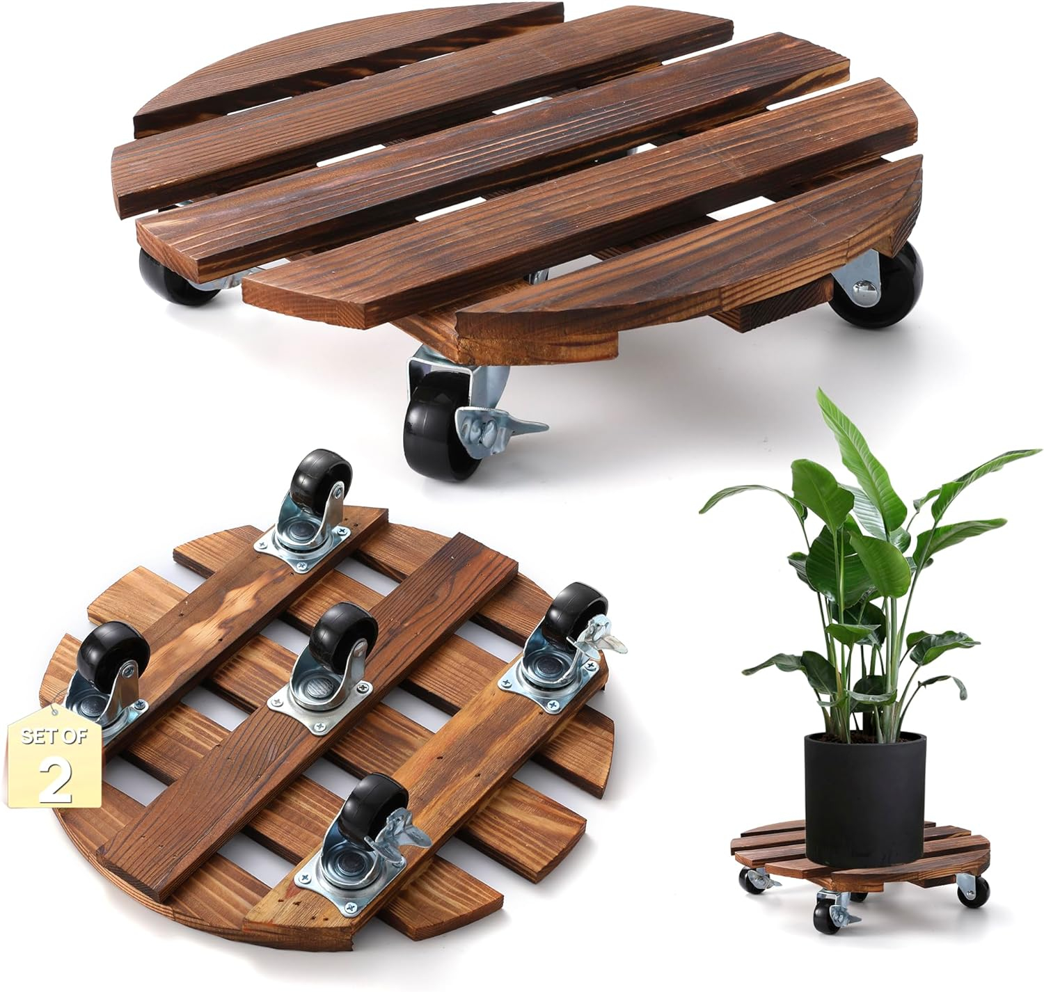 ZXZYHFTY Round Original Wooden Plant Stand with Wheels, 2 Packs Rolling Plant Stand with 360°Lockable Wheels for Vertical Garden Towers, Vertical Planting Tanks, Plant Pots, Wastebaskets (12")