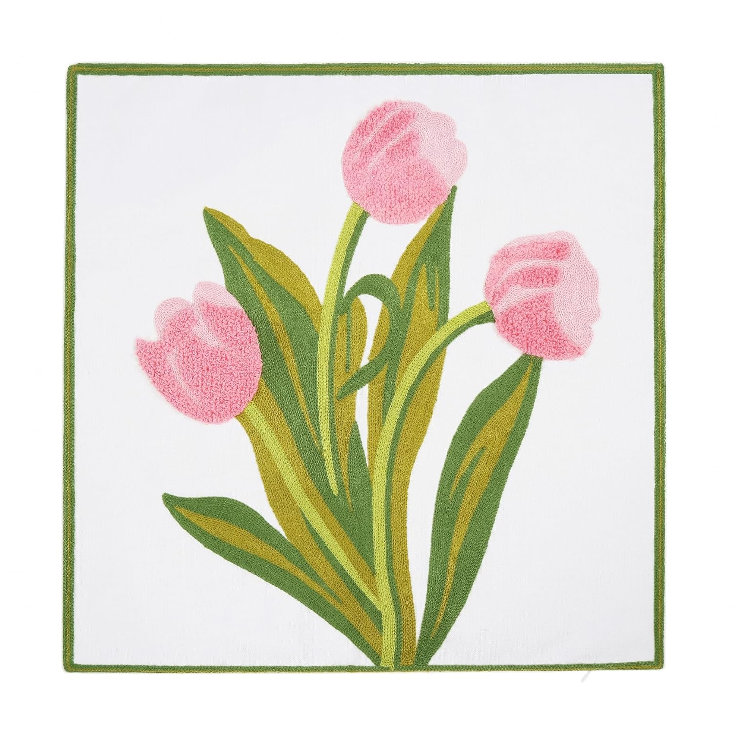 Embroidery Throw Pillow Cover 18x18 Home Decor Tulip Flower Loop Embroidered Floor Pillow Cover for Couch 100% Cotton Canvas Pillow Case Floral Cushion Cover 45x45cm, Pink Tulip, 1 Piece