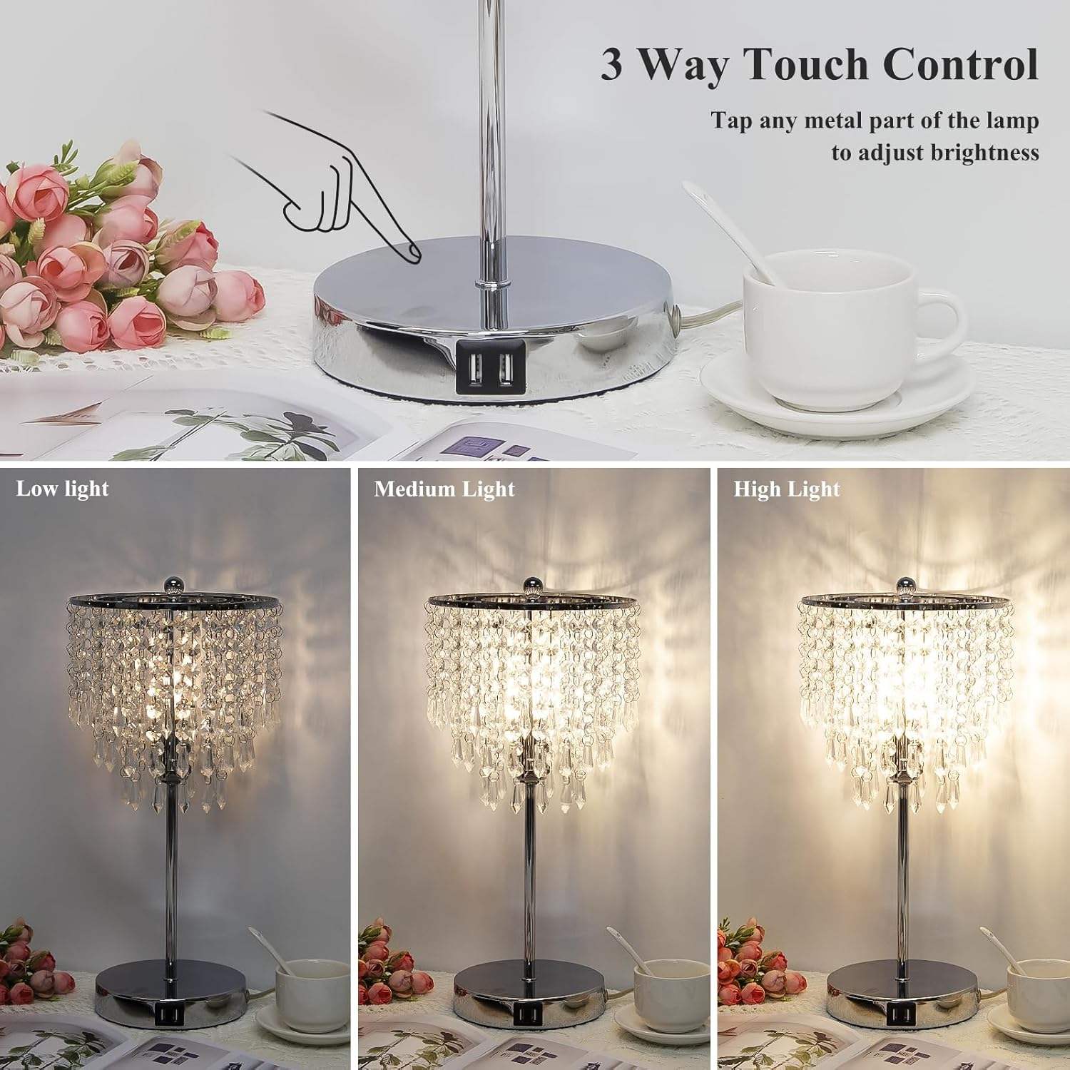 White Crystal 3-Way Touch Control Table Lamp with USB Ports