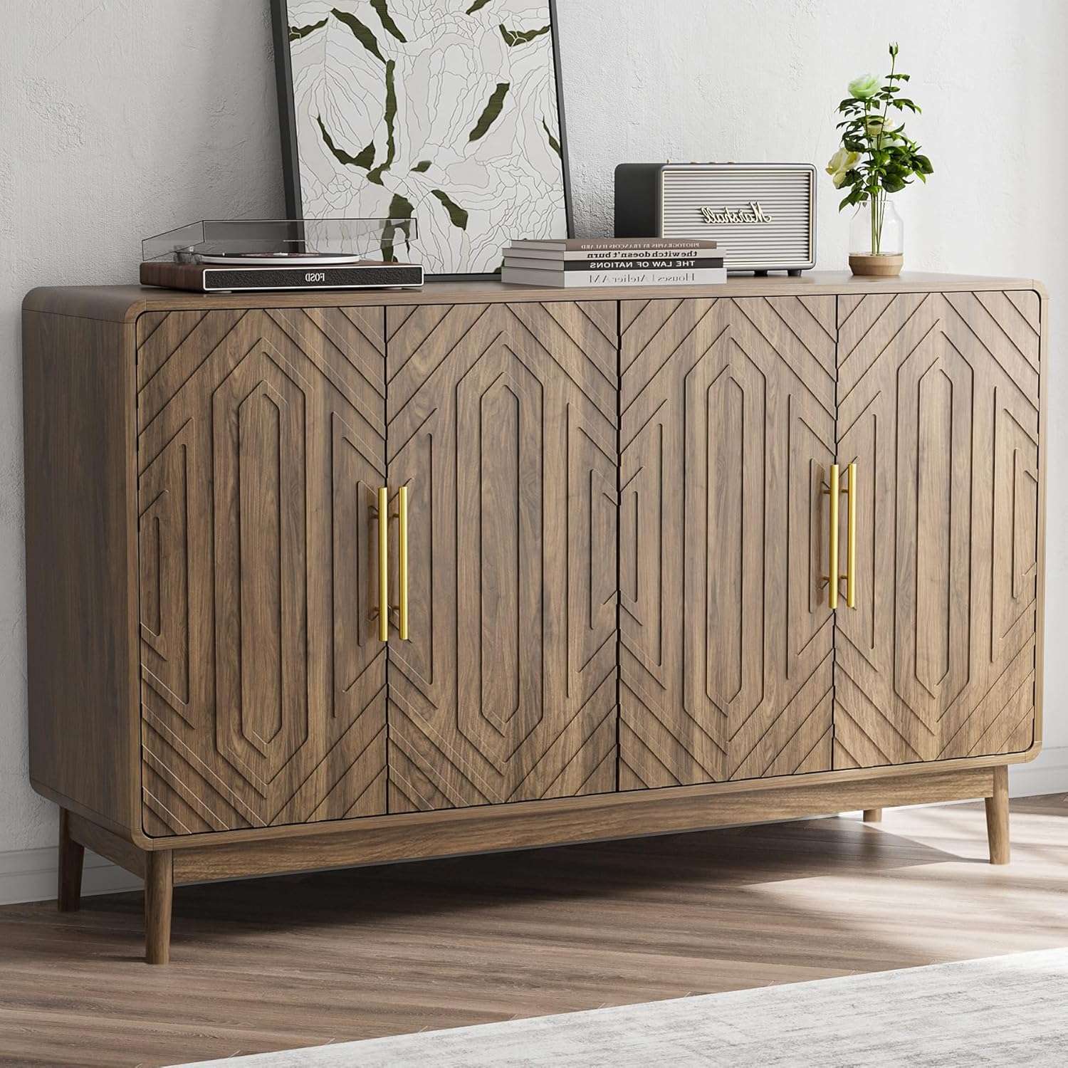 Sideboard Buffet Cabinet with Storage, Farmhouse Style Four-Door Wooden Storage Cabinet, Multifunctional Accent Buffet with Adjustable Layer Board for Kitchen, Dining Room, entryway