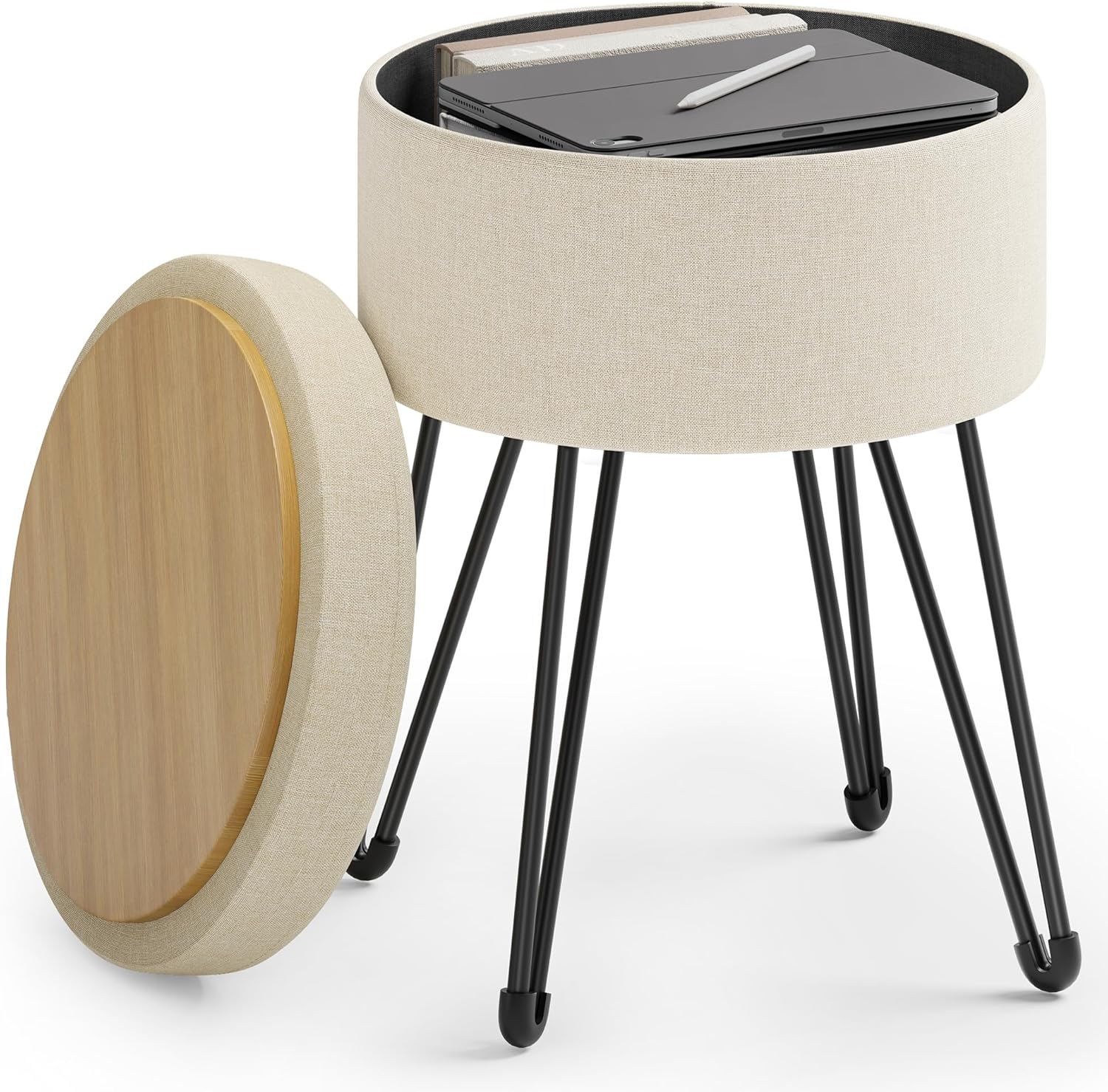 SONGMICS Vanity Stool Chair, Small Ottoman Stool with Storage, Vanity Chair, 15.4 Dia. x 17.4 Inches, 4 Metal Legs, for Makeup Room, for Living Room, Bedroom, Cream White ULOM002W01