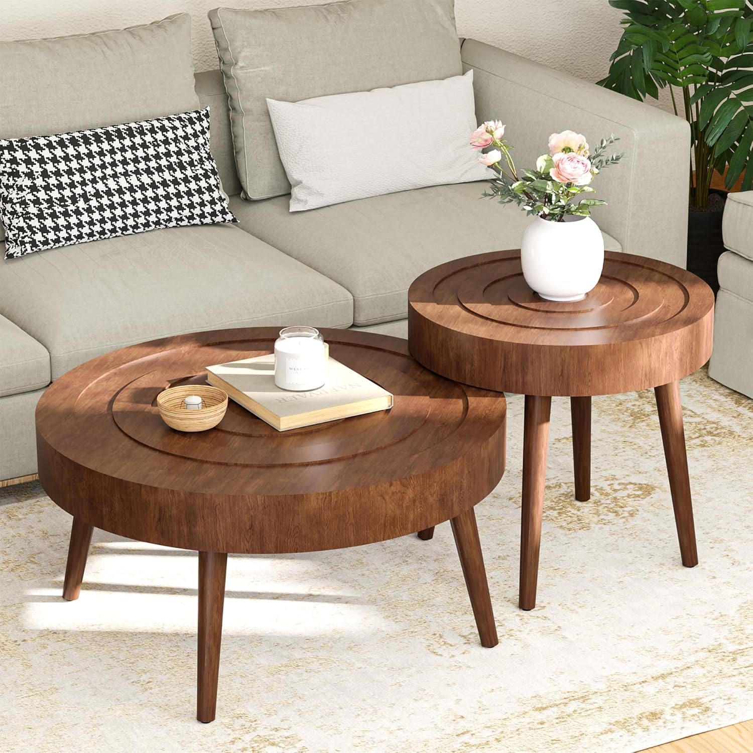 COSIEST 2 Piece Round Coffee Table Set, Modern Nesting Table with Handcrafted Wood Ring Motif, Farmhouse Wood End Table for Living Room